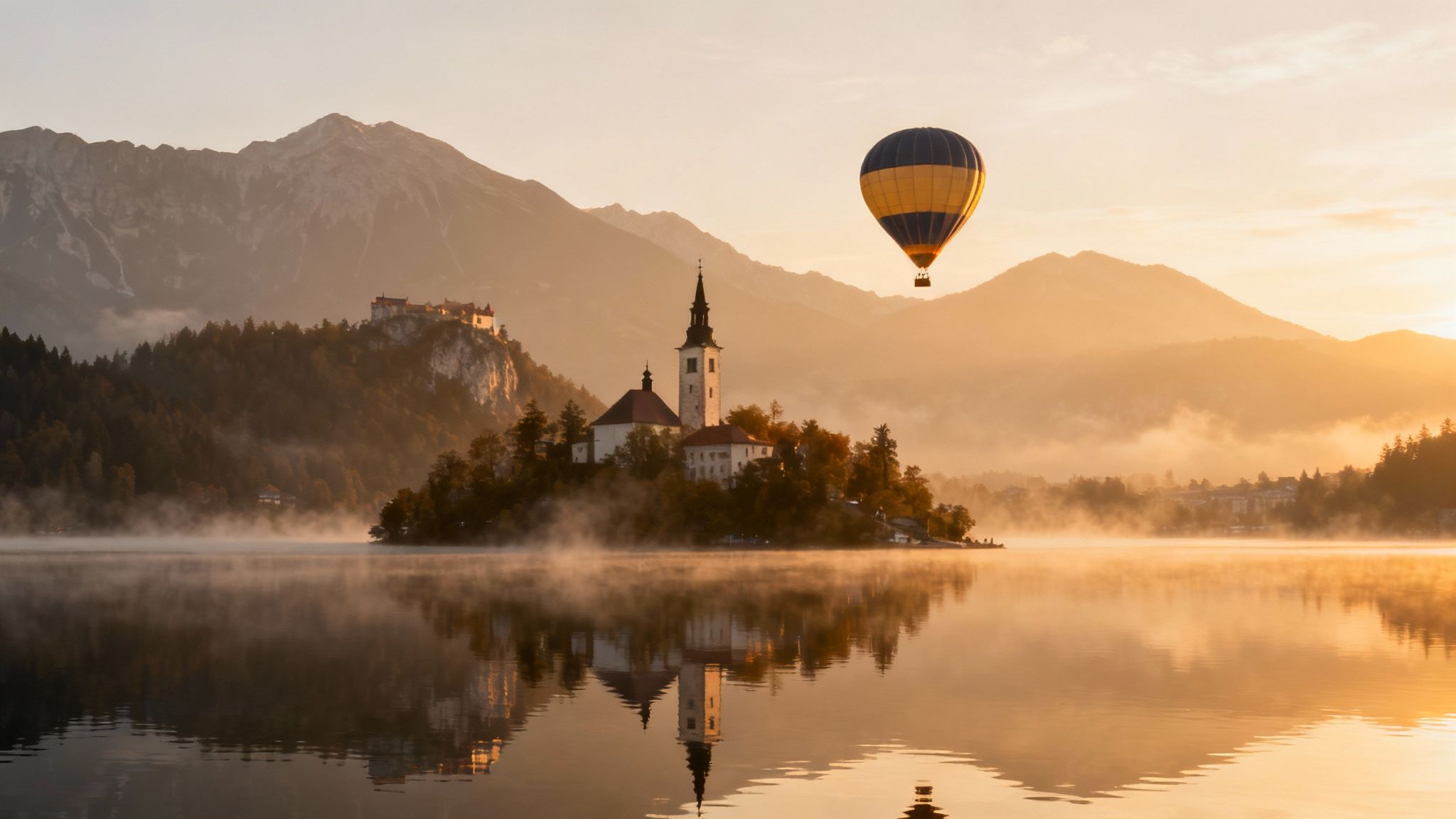 A vibrant hot air balloon ascends over Lake Bled, showcasing its island church and castle at misty sunrise.