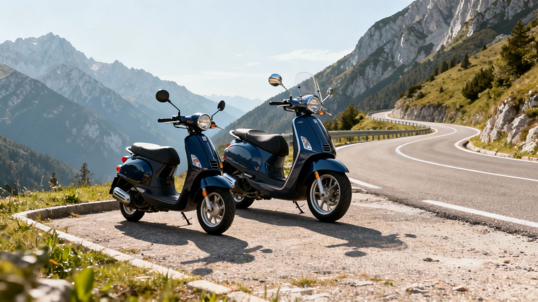 Two blue scooters are parked on a scenic mountain road overlooking winding paths and majestic peaks.