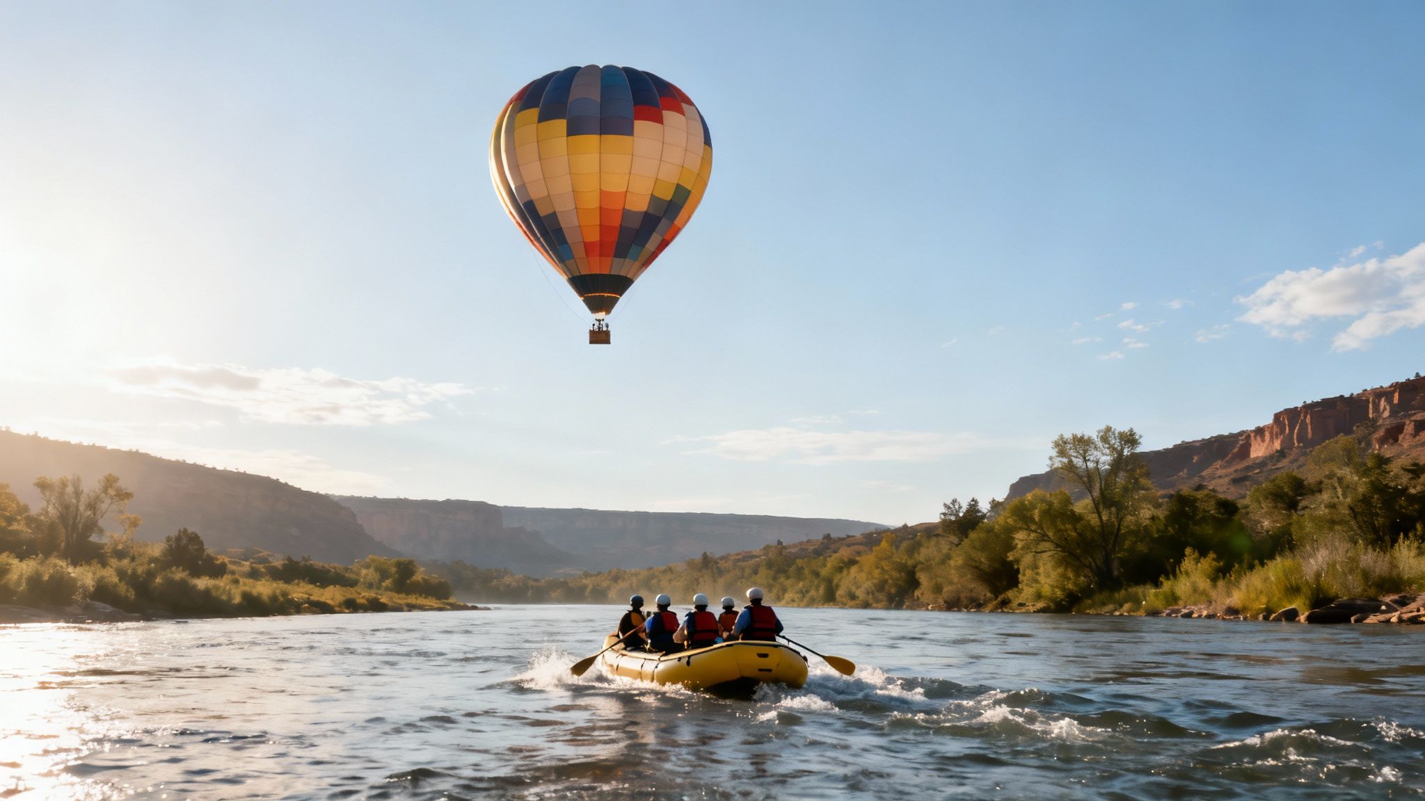 A colorful hot air balloon floats over a scenic river with people white-water rafting, surrounded by mountains.