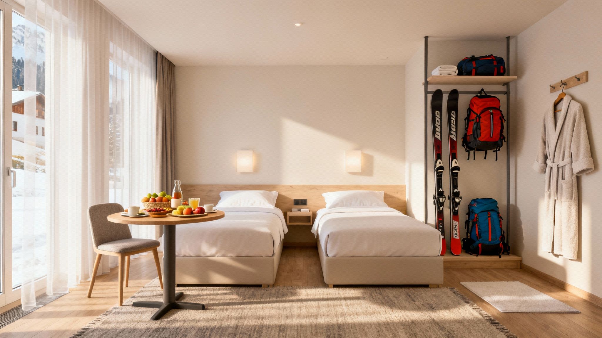 A cozy hotel room with twin beds, breakfast, and ski equipment, overlooking a snowy mountain landscape.