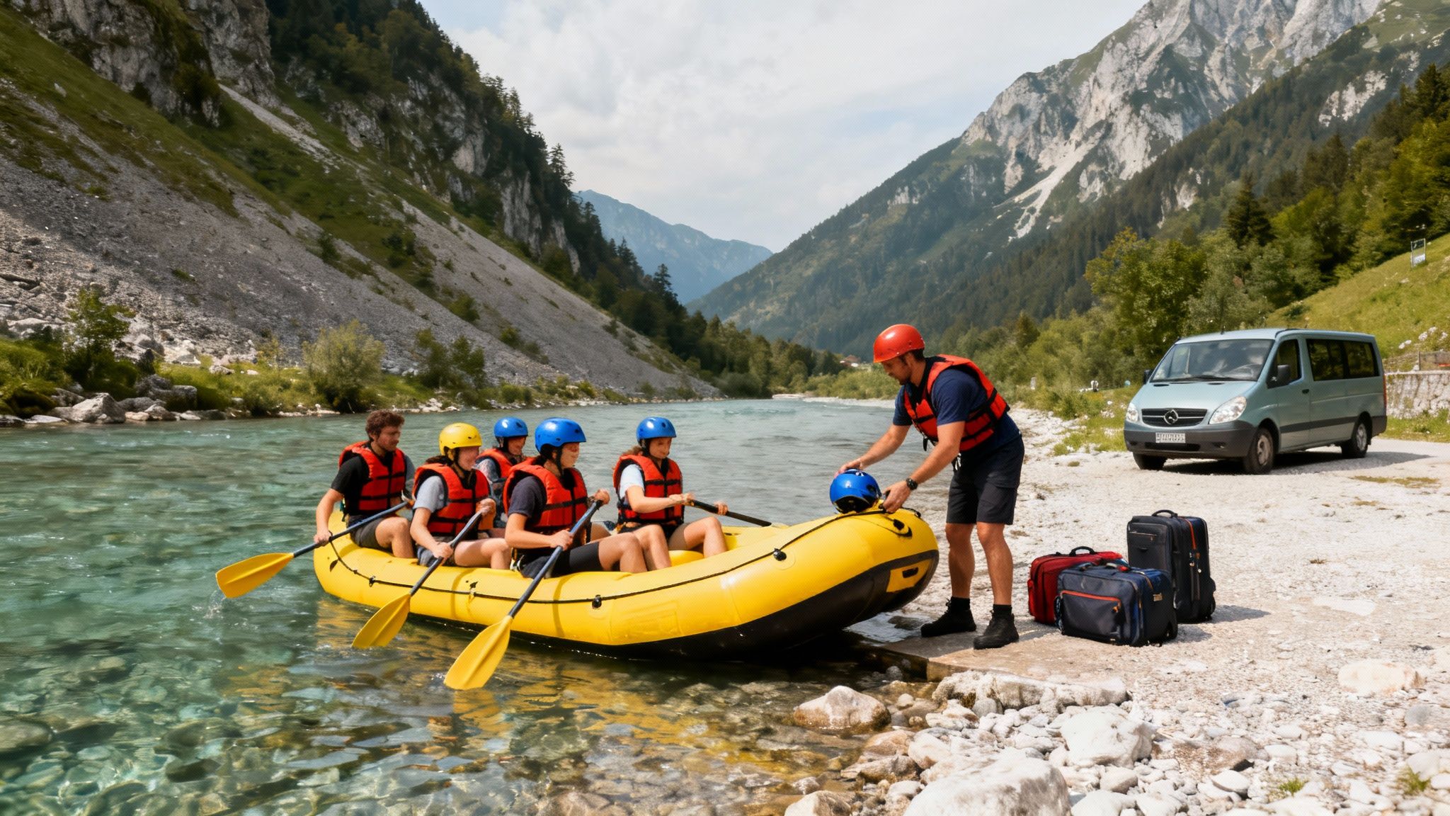Rafting group in yellow boat on clear river, guide assisting, mountains and van in background.