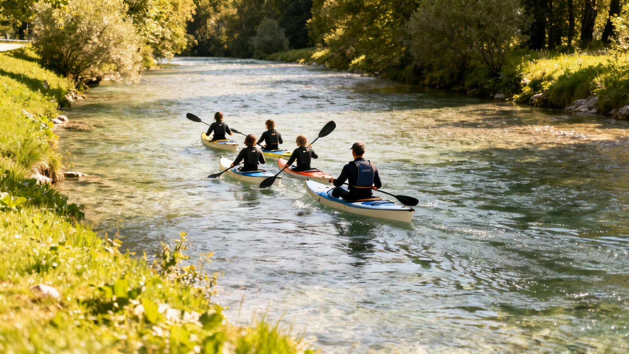 Five people in kayaks paddling a clear, shallow river surrounded by lush green banks on a sunny day.