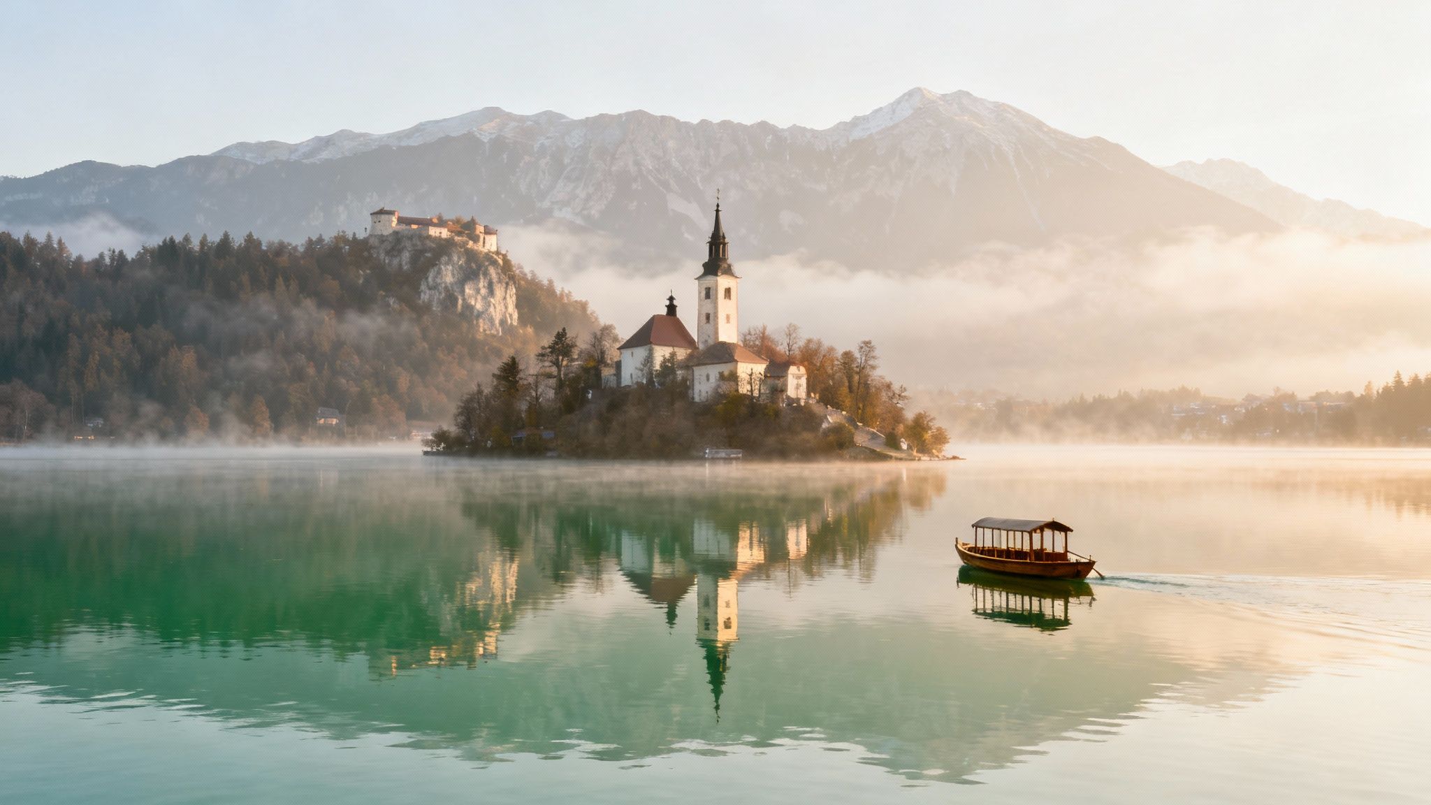 Sunrise over Lake Bled, Slovenia, showcasing the island church, castle, and misty mountains.