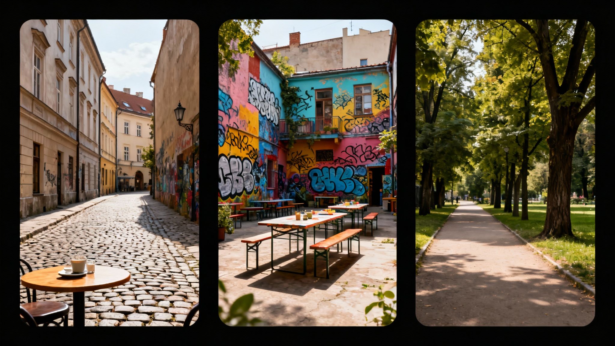 Three panels: a narrow cobblestone street, a vibrant graffiti courtyard with tables, and a lush park path.