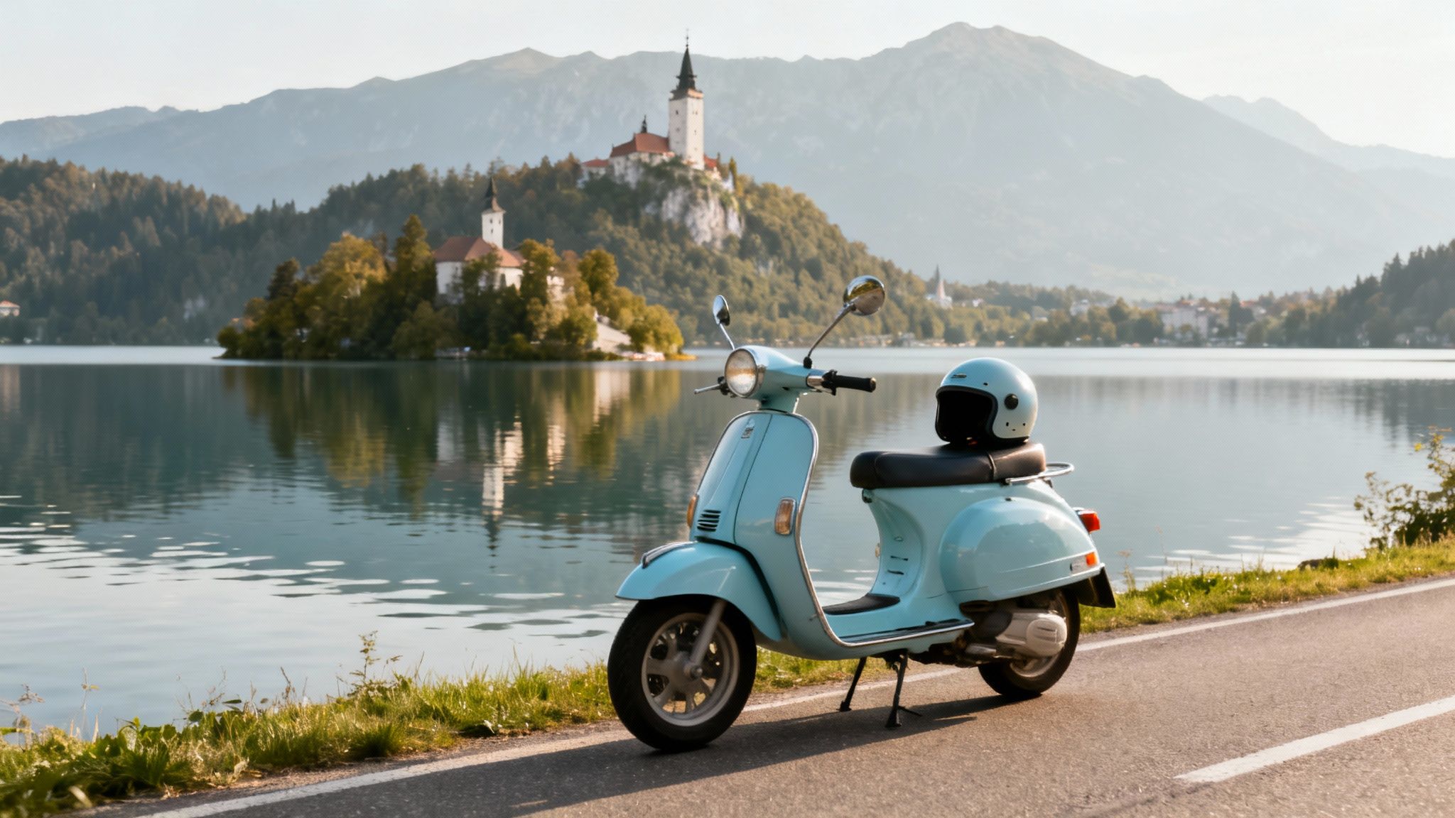 A light blue vintage scooter with a helmet parked by a scenic lake with a church island and mountains.