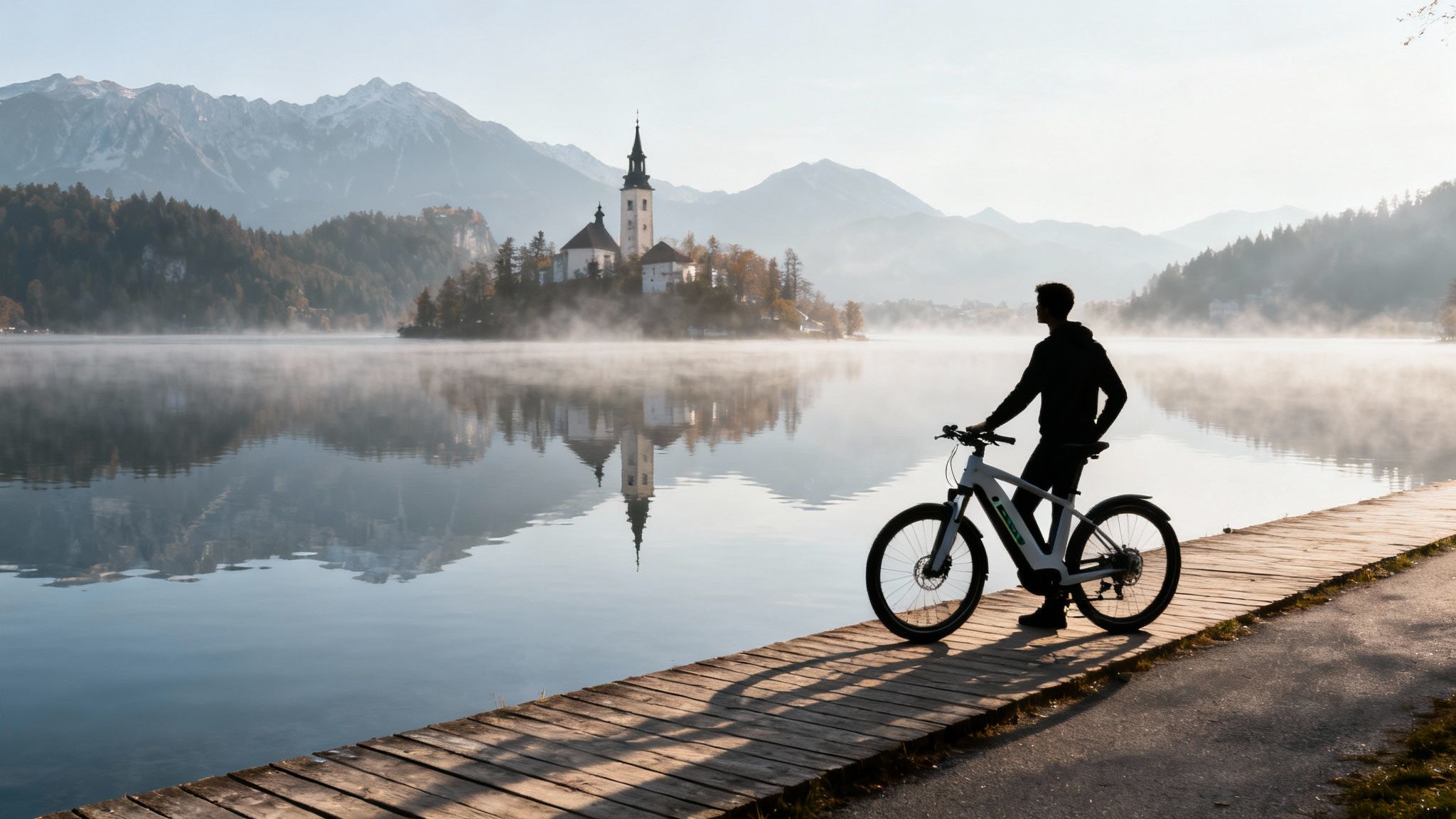 A silhouette of a man with an e-bike on a wooden path by a misty lake with a church island and mountains.