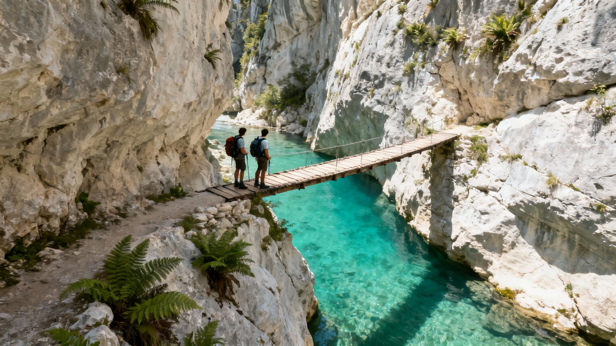 Two hikers on a wooden bridge spanning a vibrant turquoise river between tall canyon walls.