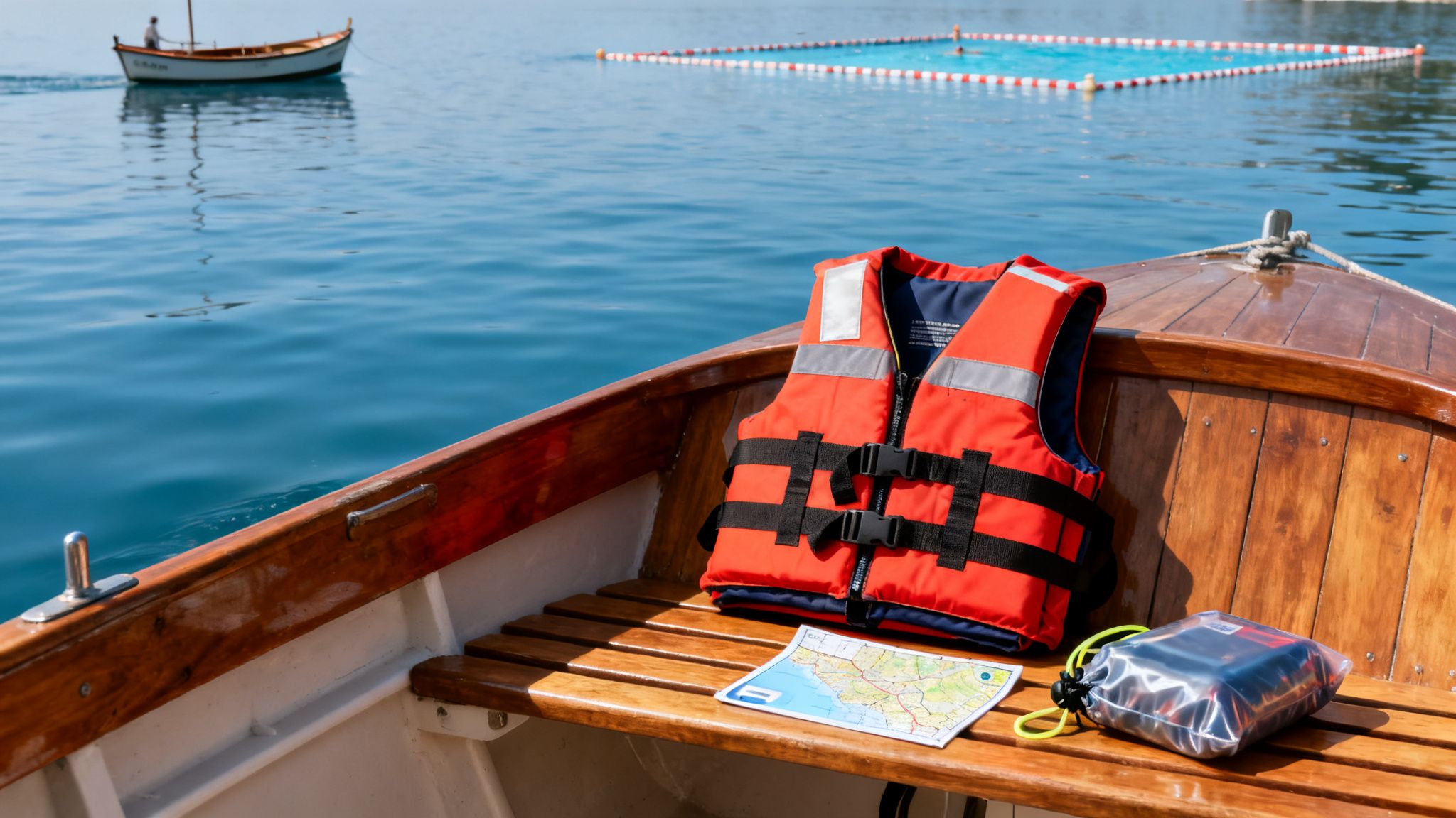 Life jacket, map, and gear on a wooden boat, overlooking calm blue water with a distant vessel.