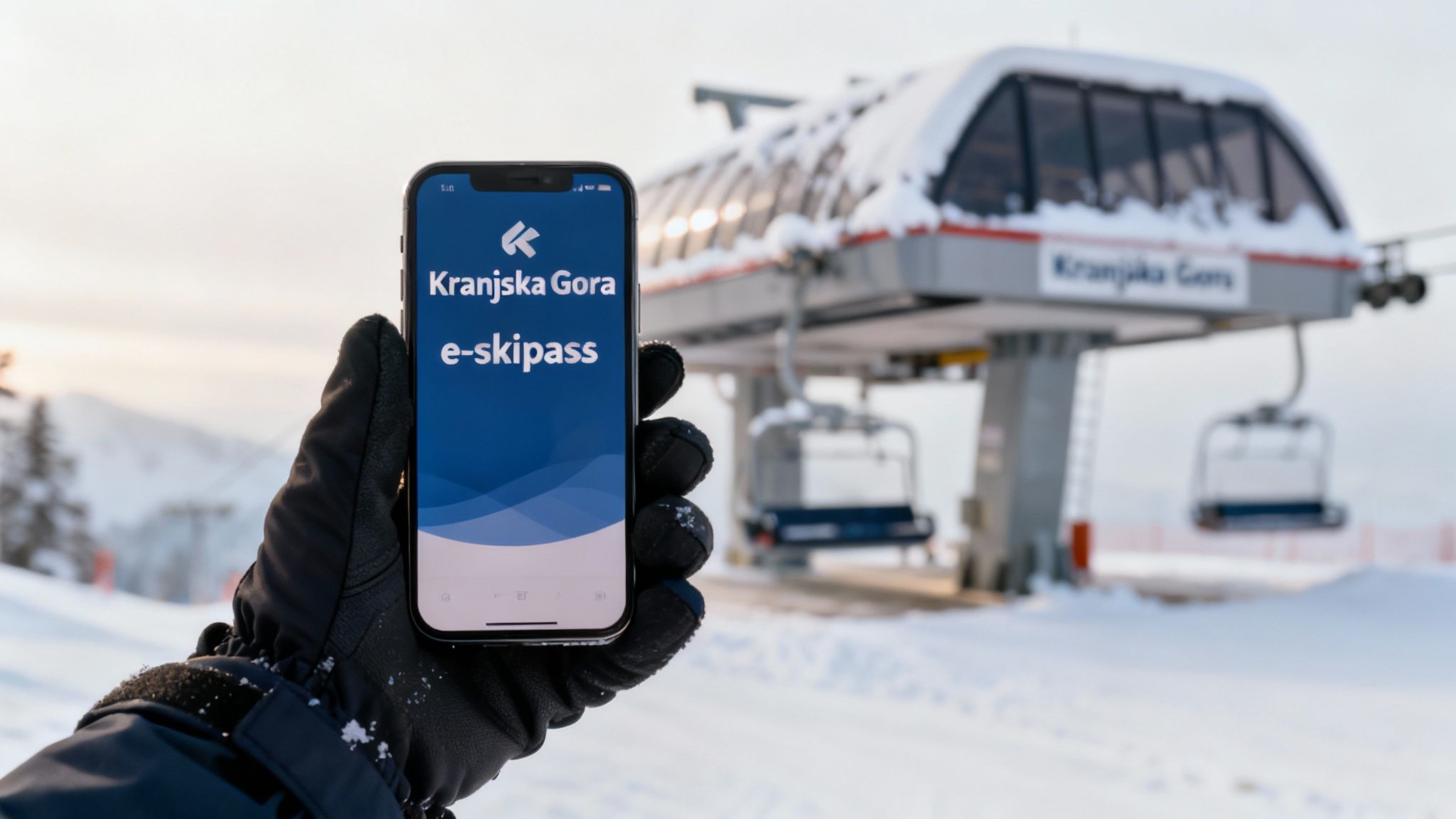 A gloved hand holds a smartphone displaying the 'Kranjska Gora e-skipass' app against a snowy ski resort with a chairlift.