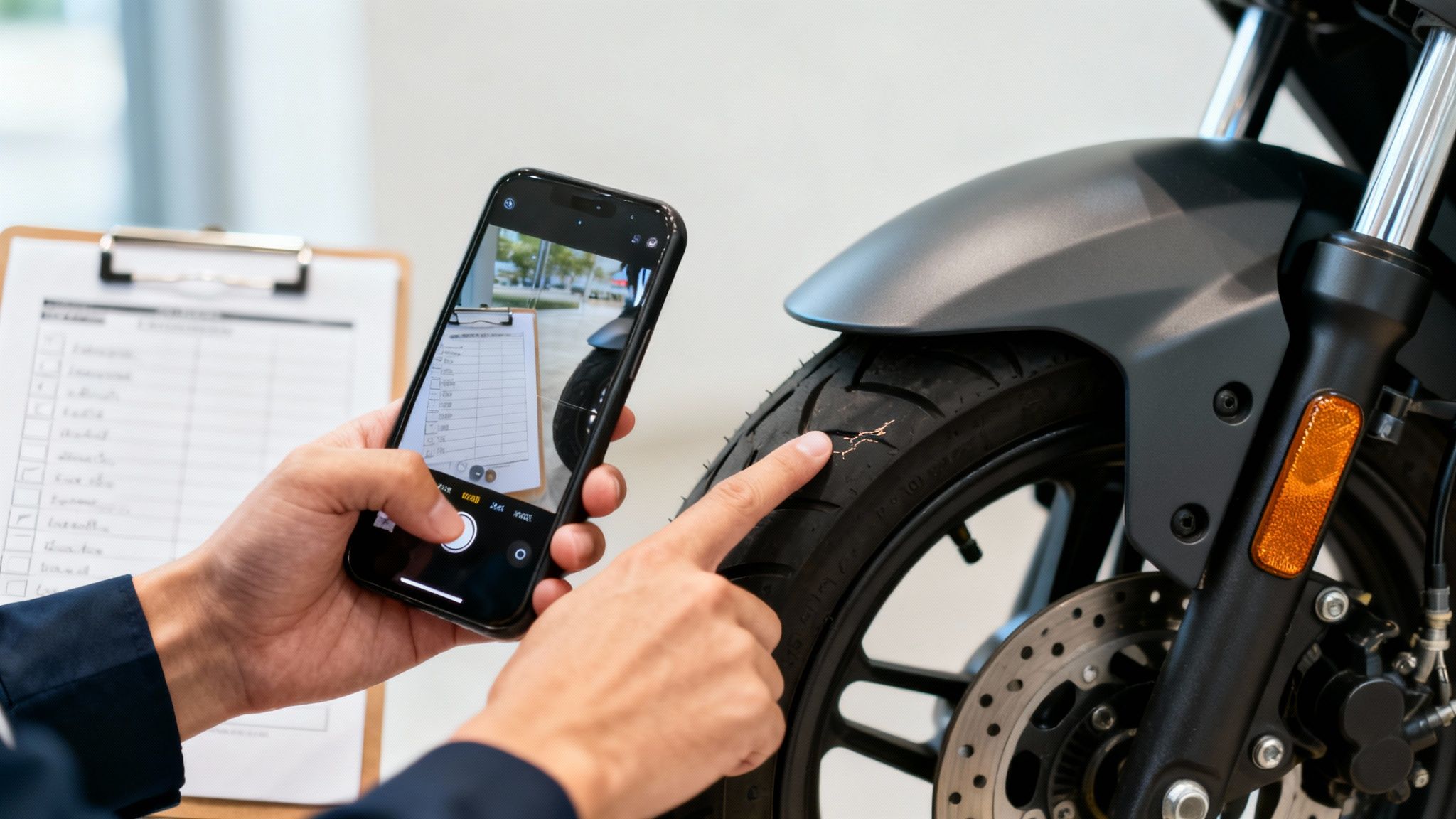 Person holding a smartphone and pointing at a crack on a motorcycle tire tread.