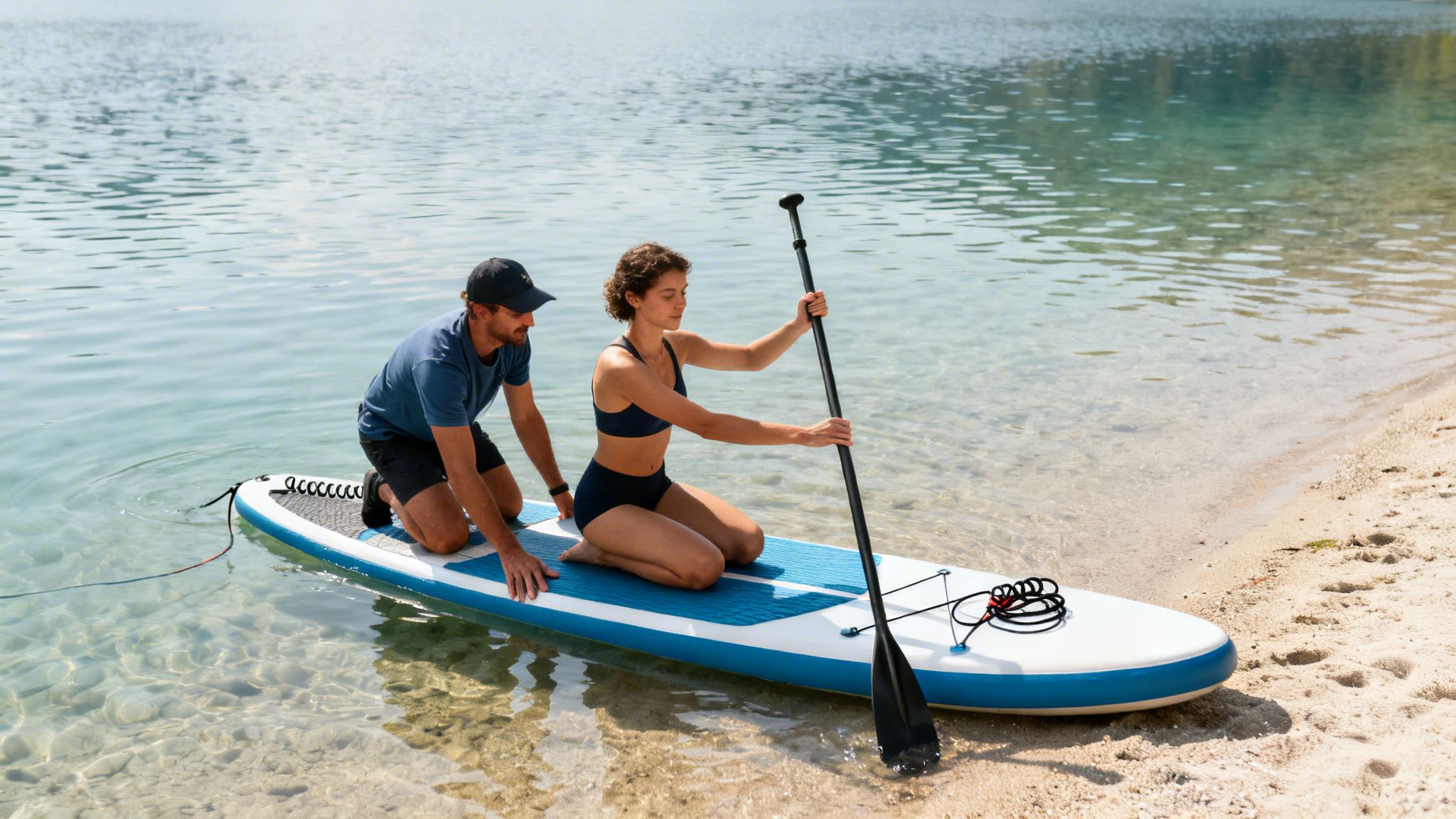 Two people kneeling on a stand-up paddleboard in clear lake water near a sandy beach.
