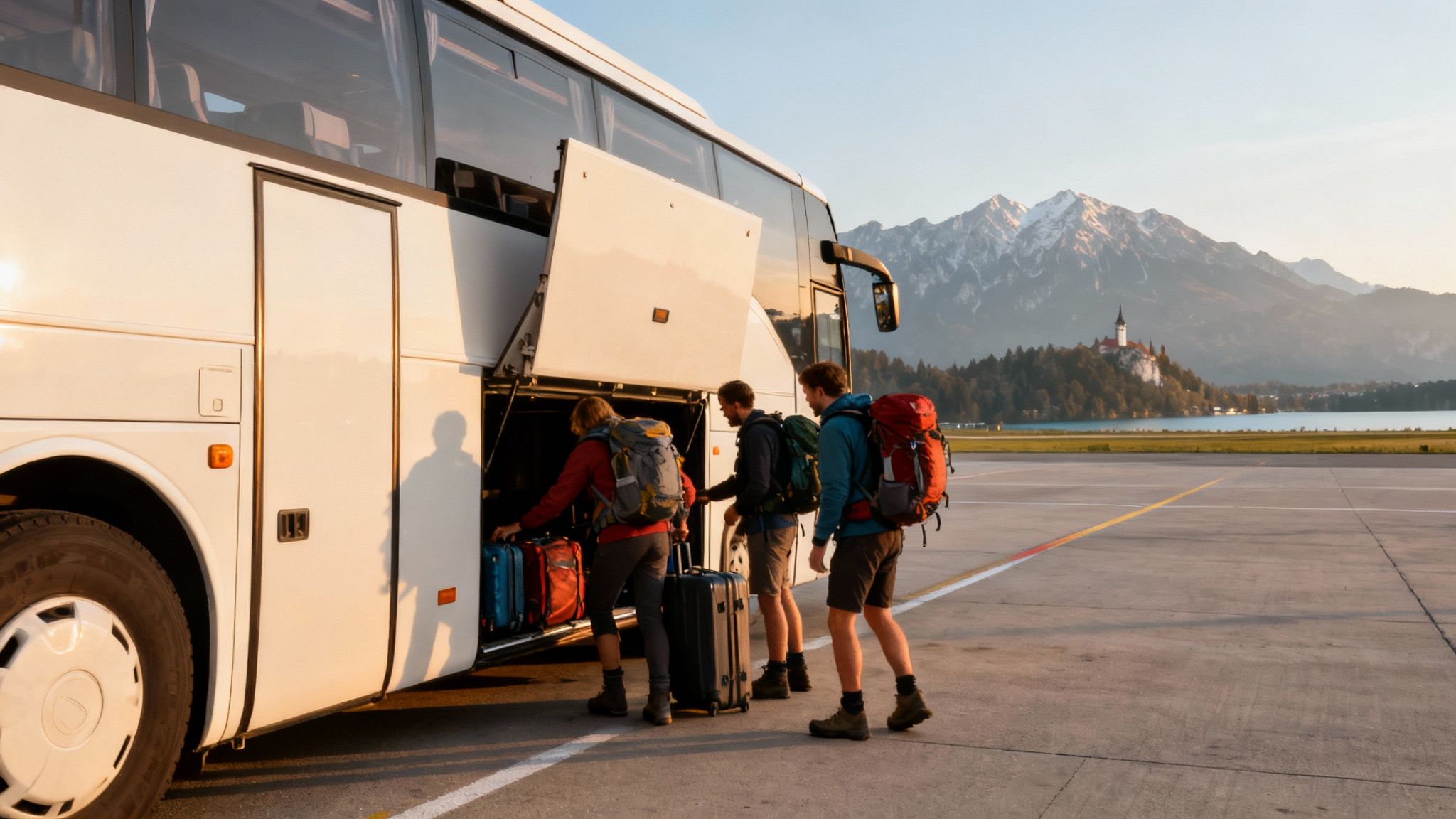 Three travelers with backpacks load suitcases into a white bus, with Lake Bled and snowy mountains in the background.