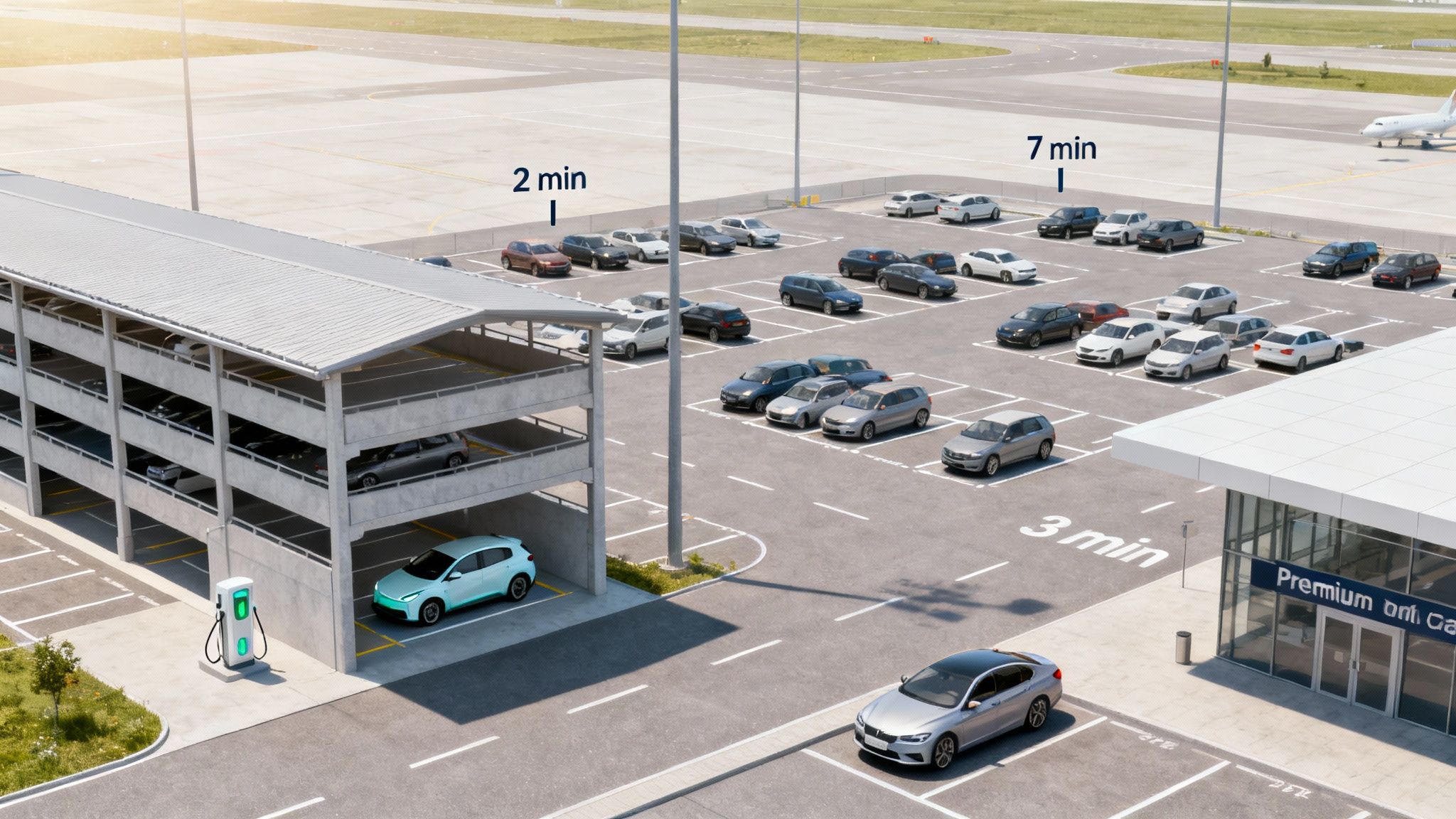 Busy airport parking lot featuring a multi-story garage, an electric car charging station, and numerous vehicles.