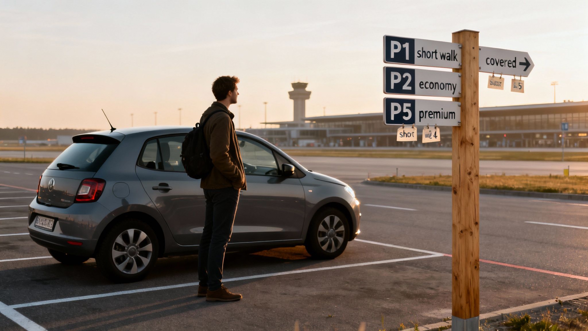 A man stands beside his gray car in an airport parking lot, looking at a sign for P1, P2, and P5 parking.