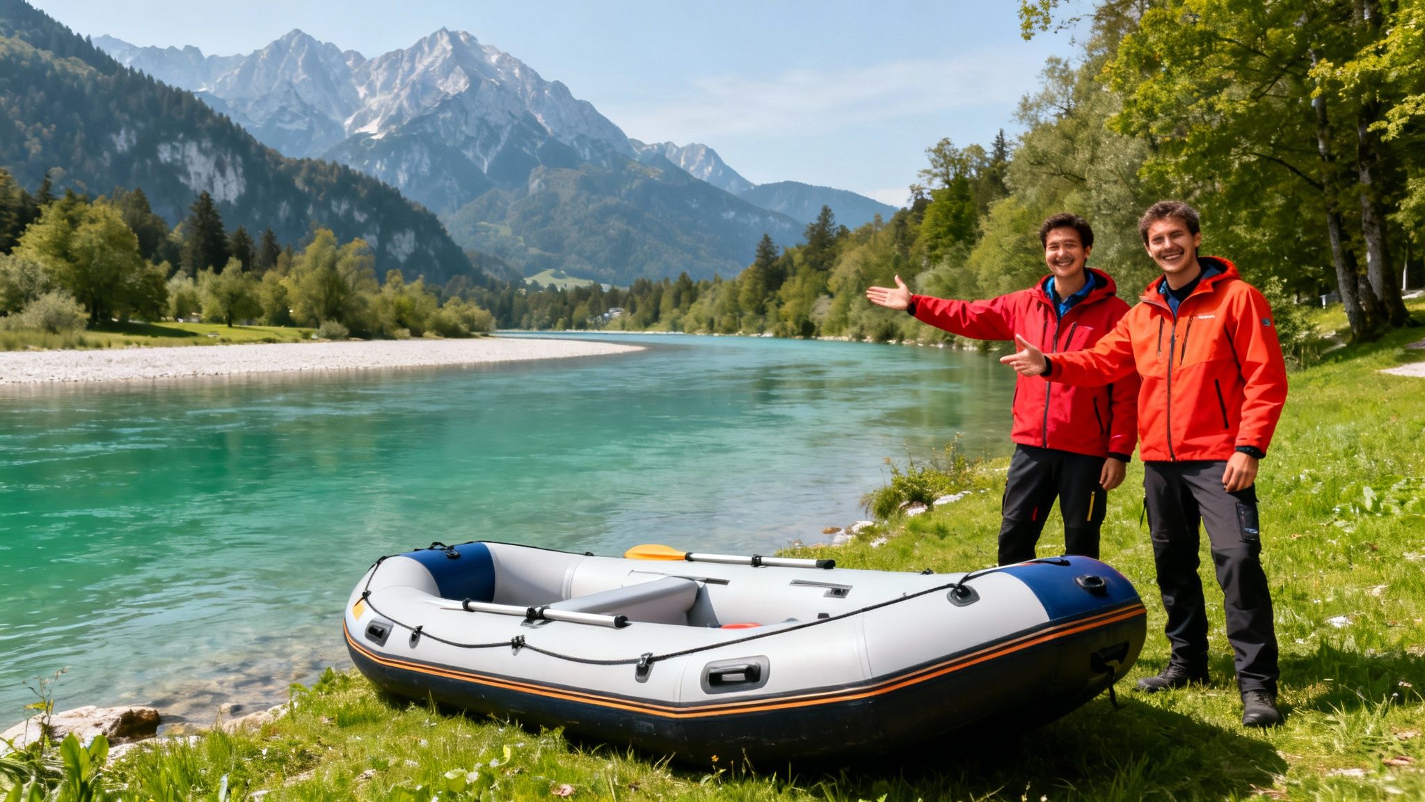 Two smiling men in red jackets stand by an inflatable raft and turquoise river with mountains.