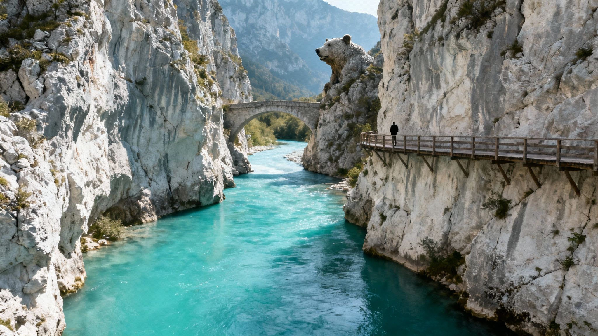 Person on wooden walkway in a deep canyon, turquoise river, stone bridge, and bear rock.