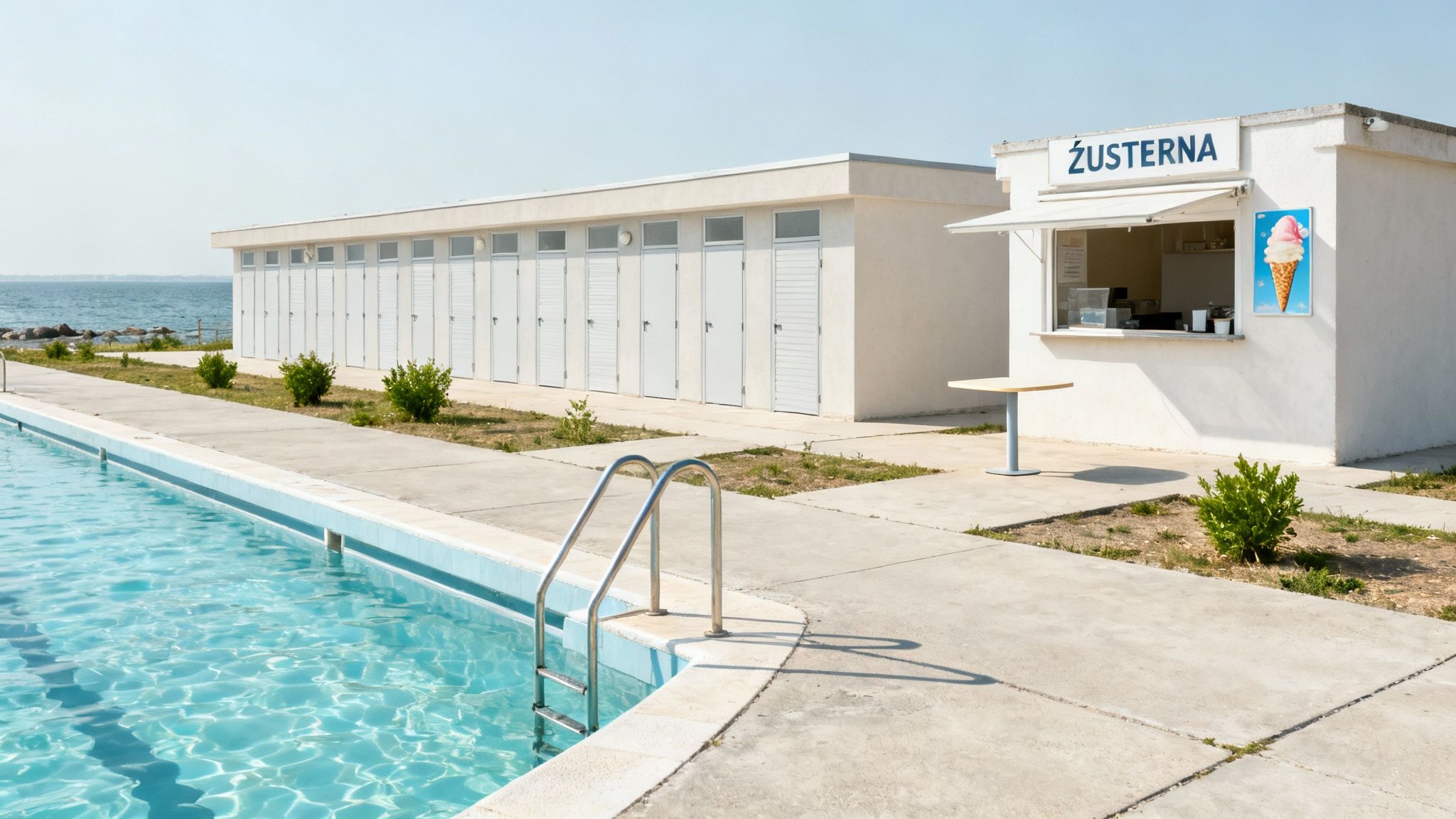 A tranquil outdoor swimming pool next to a row of white changing rooms and an ice cream stand, with the sea in the background.