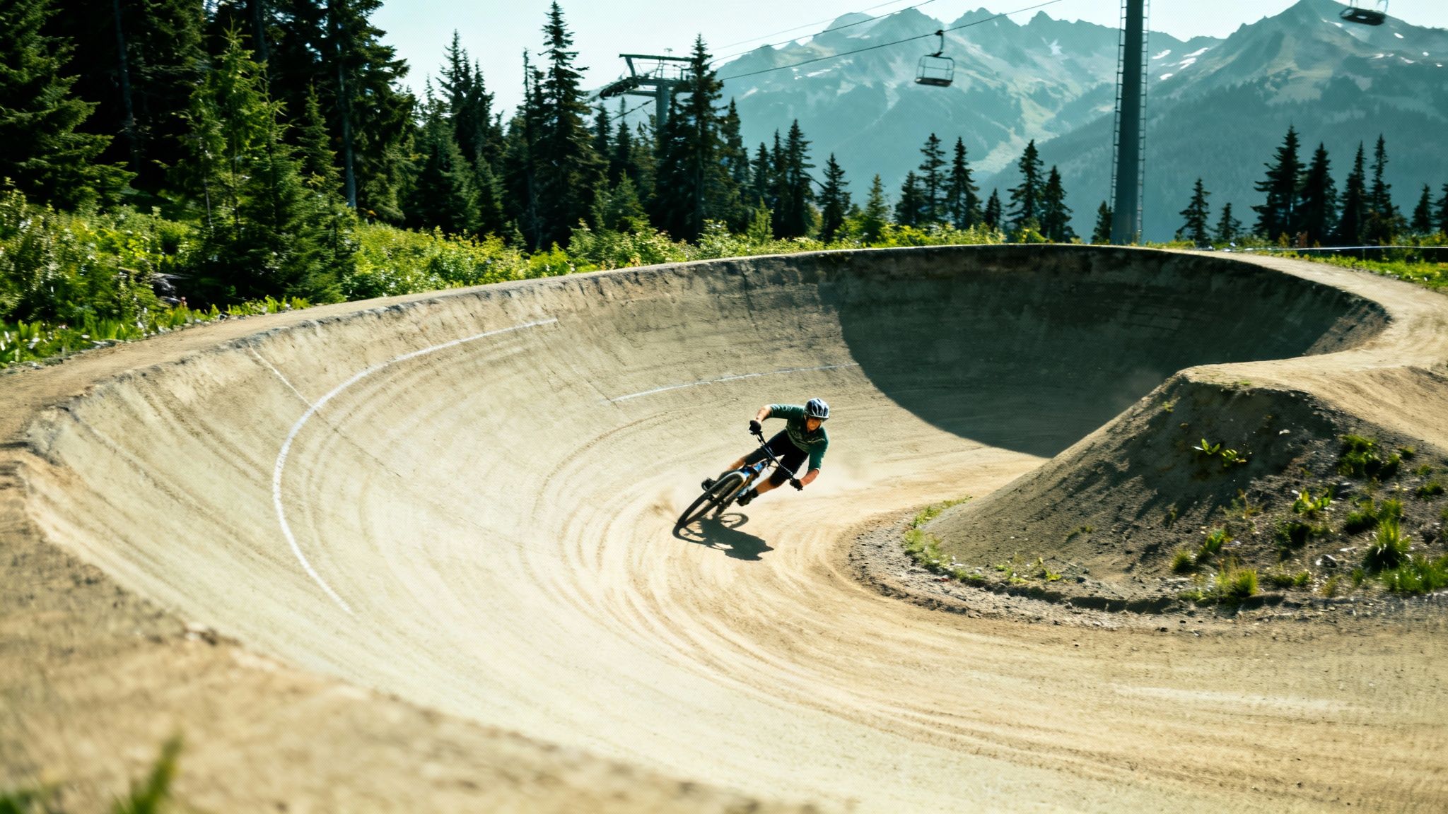 A mountain biker leans into a banked dirt turn on a trail, surrounded by forests and mountains.