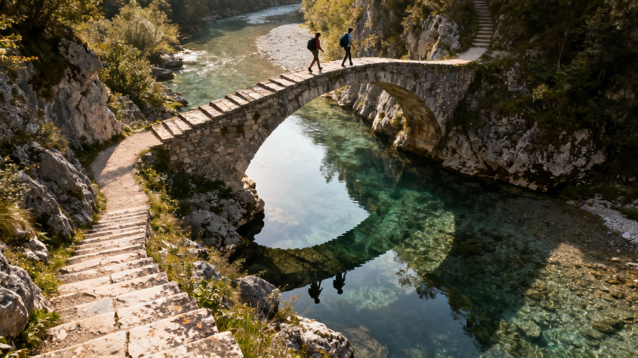 Two hikers crossing an ancient stone bridge over a vibrant turquoise river in a scenic gorge.