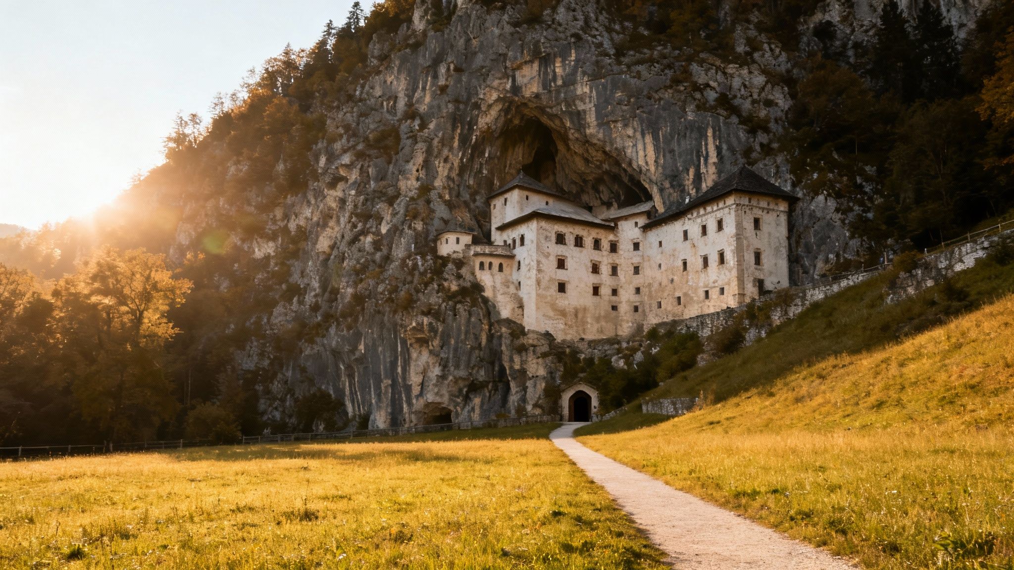 Predjama Castle, a historic castle built into a cave, stands majestically in a cliffside landscape at sunset.