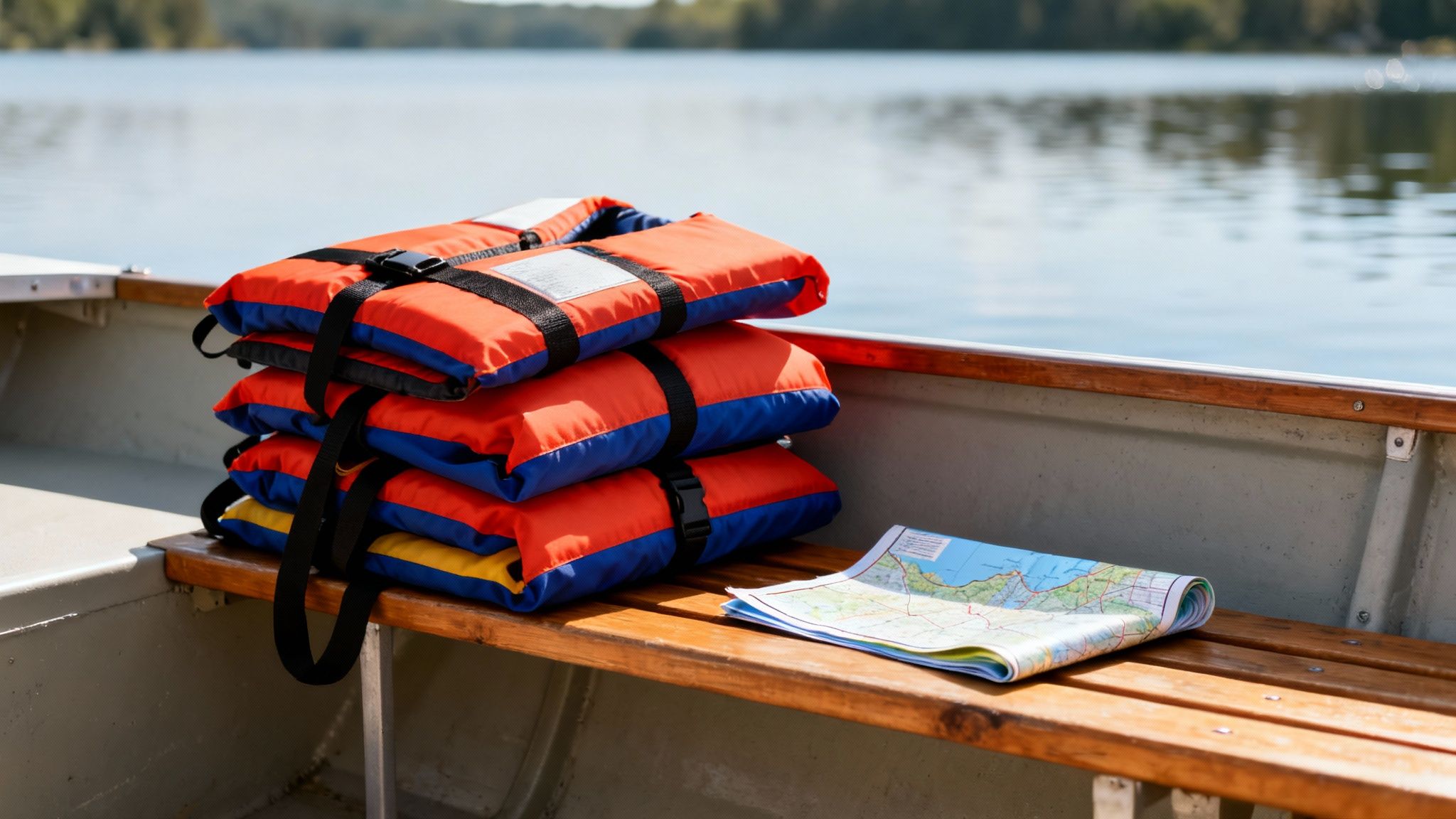 Stack of orange and blue life jackets and a map inside a boat on a calm lake.