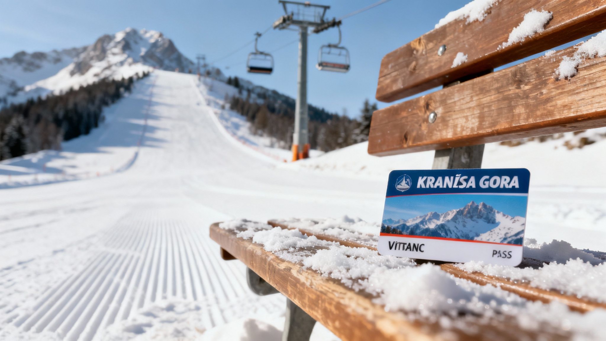 A Kranjska Gora ski pass rests on a snow-covered wooden bench with a ski slope and mountains in the background.
