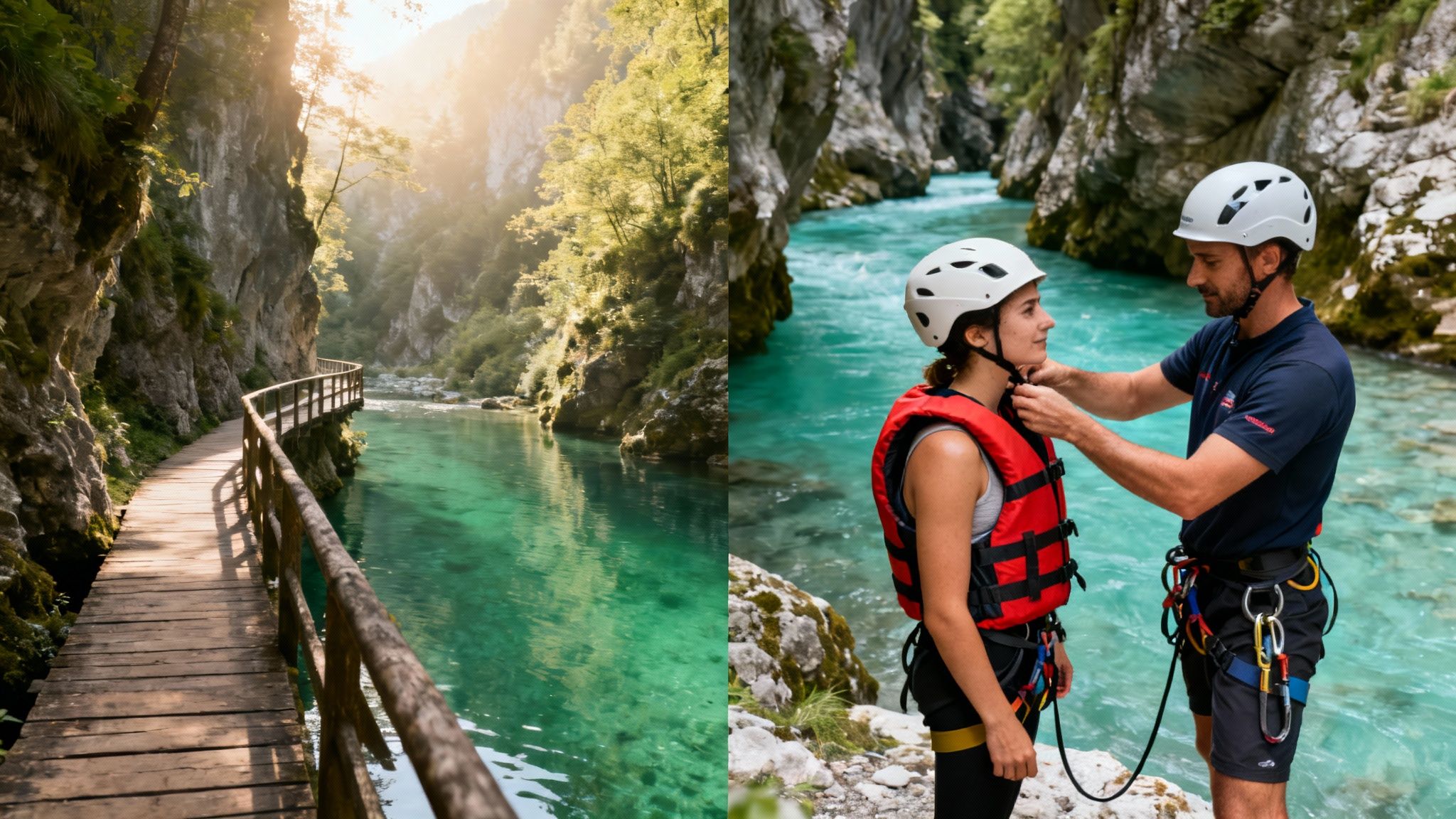 A split image showing a scenic boardwalk along a turquoise river and people preparing for water sports in a canyon.