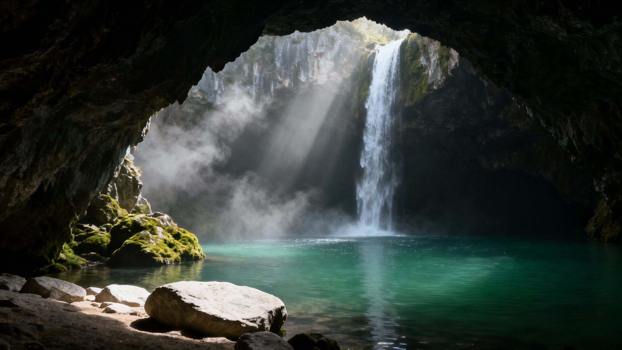 Dramatic view of a powerful waterfall plunging into a bright turquoise pool from inside a dark cave, with sun rays.