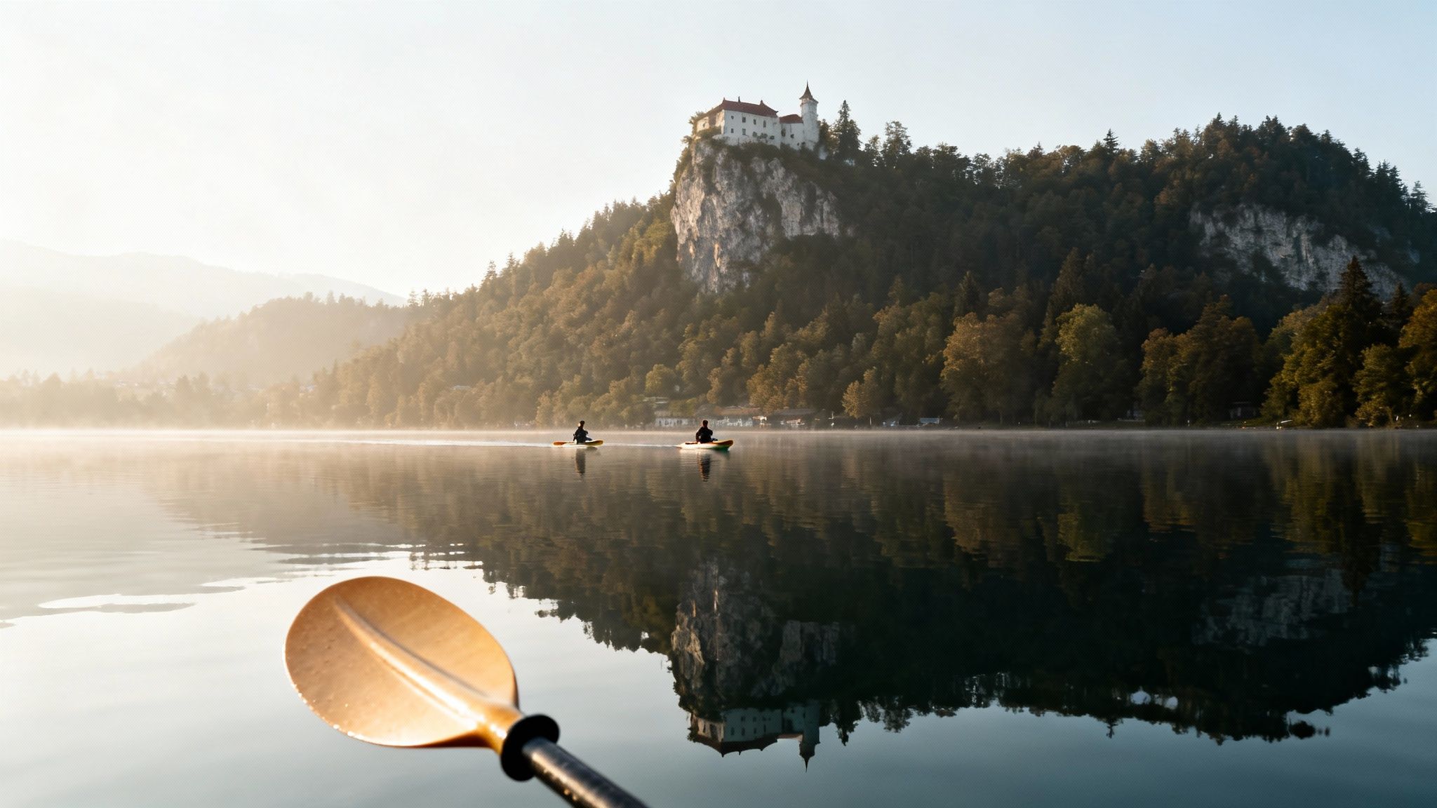 Misty morning scene of Lake Bled with two kayakers and Bled Castle on a cliff.
