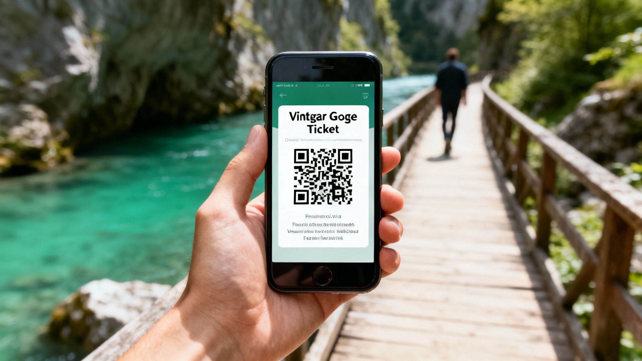 Hand holding a smartphone displaying a Vintgar Goge Ticket with a QR code on a wooden bridge.