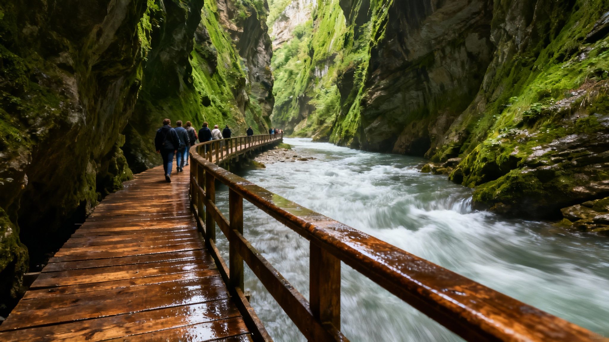 People walk on a wet wooden boardwalk alongside a fast-flowing river through a mossy green gorge.