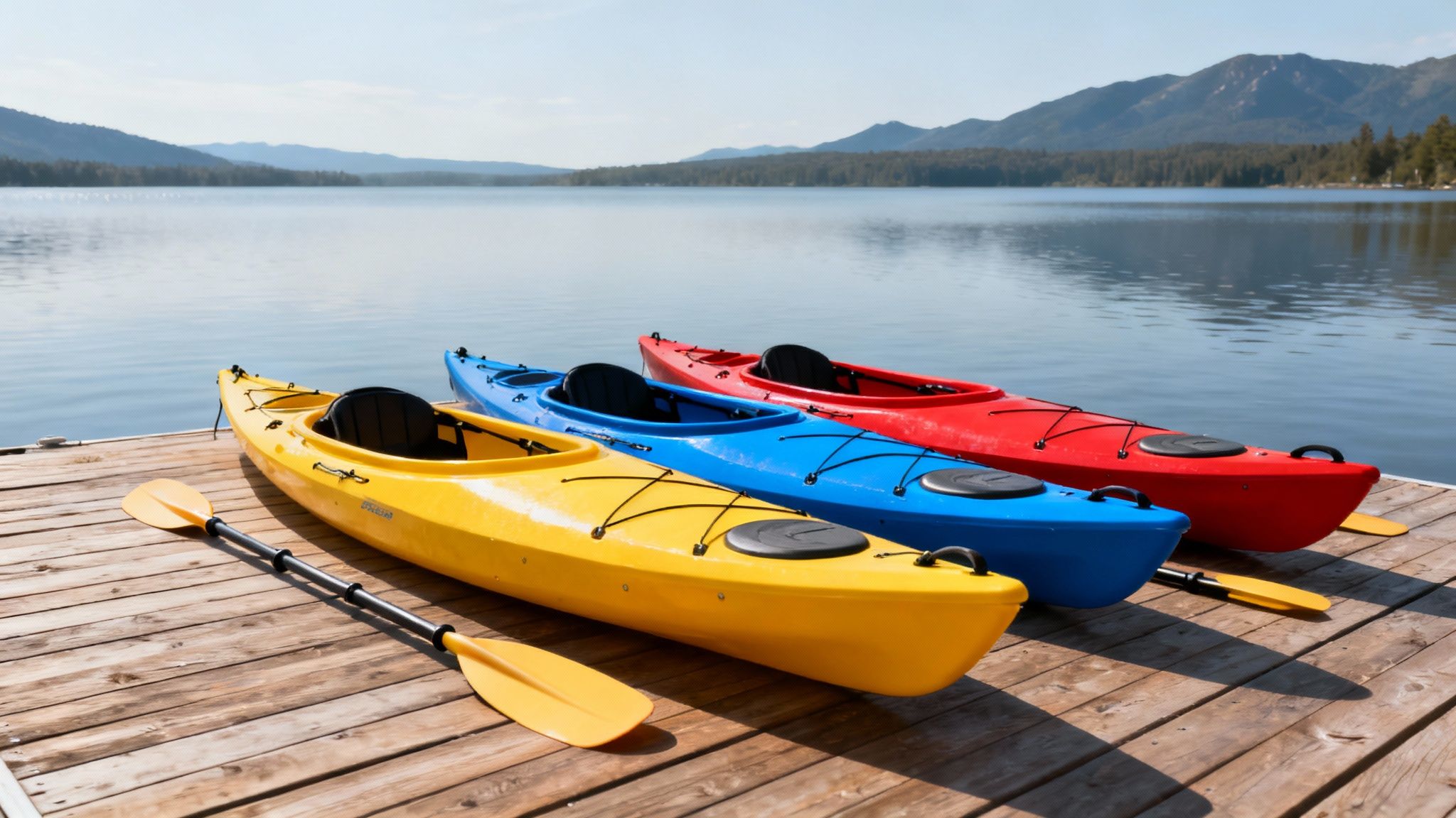 Three colorful kayaks (yellow, blue, red) lined on a wooden dock by a serene lake with mountains.