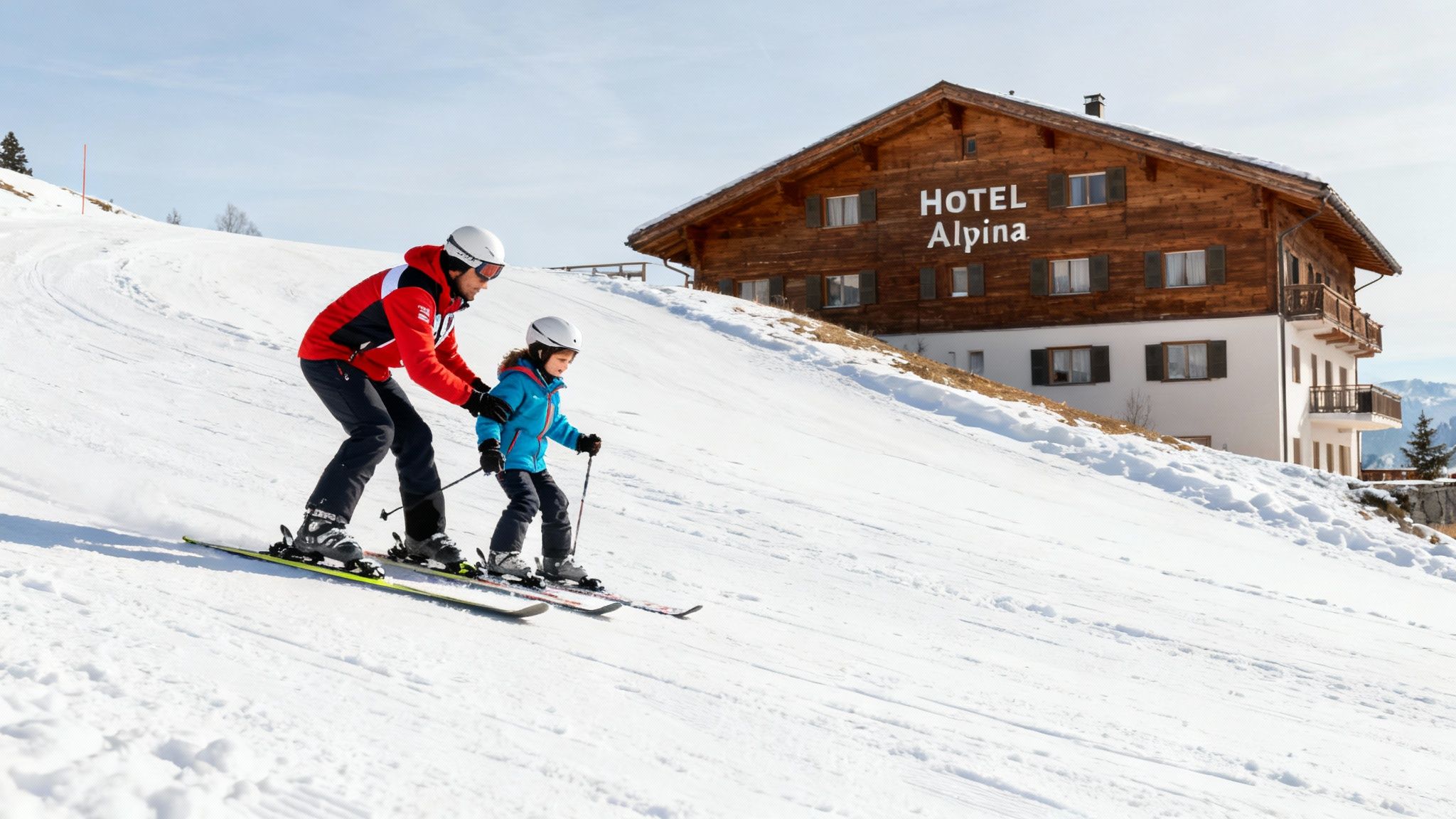 An adult teaches a child to ski on a snowy mountain slope with Hotel Alpina in the background.