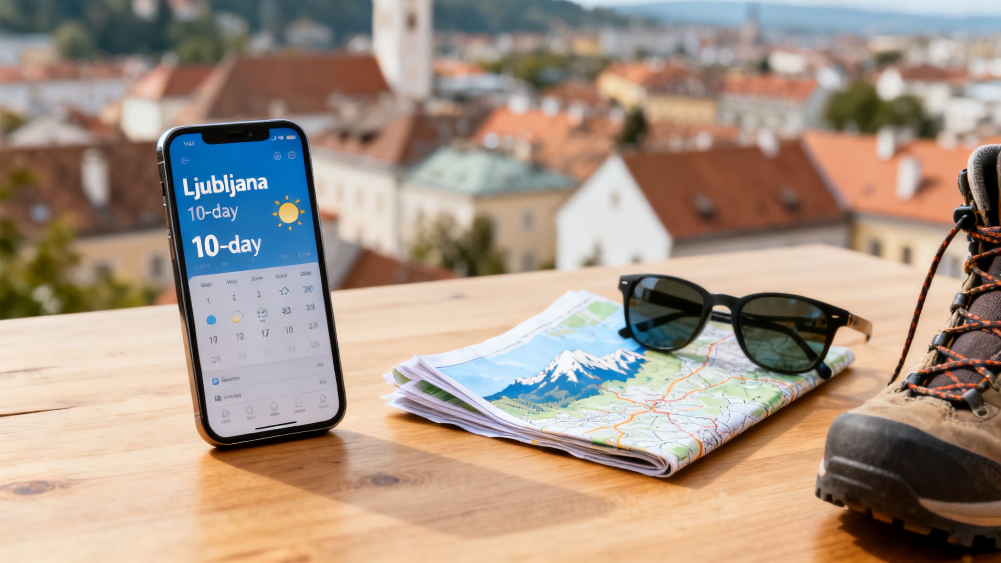 A smartphone displays Ljubljana's 10-day weather forecast alongside a map, sunglasses, and a hiking boot on a wooden table, with a city view in the background.