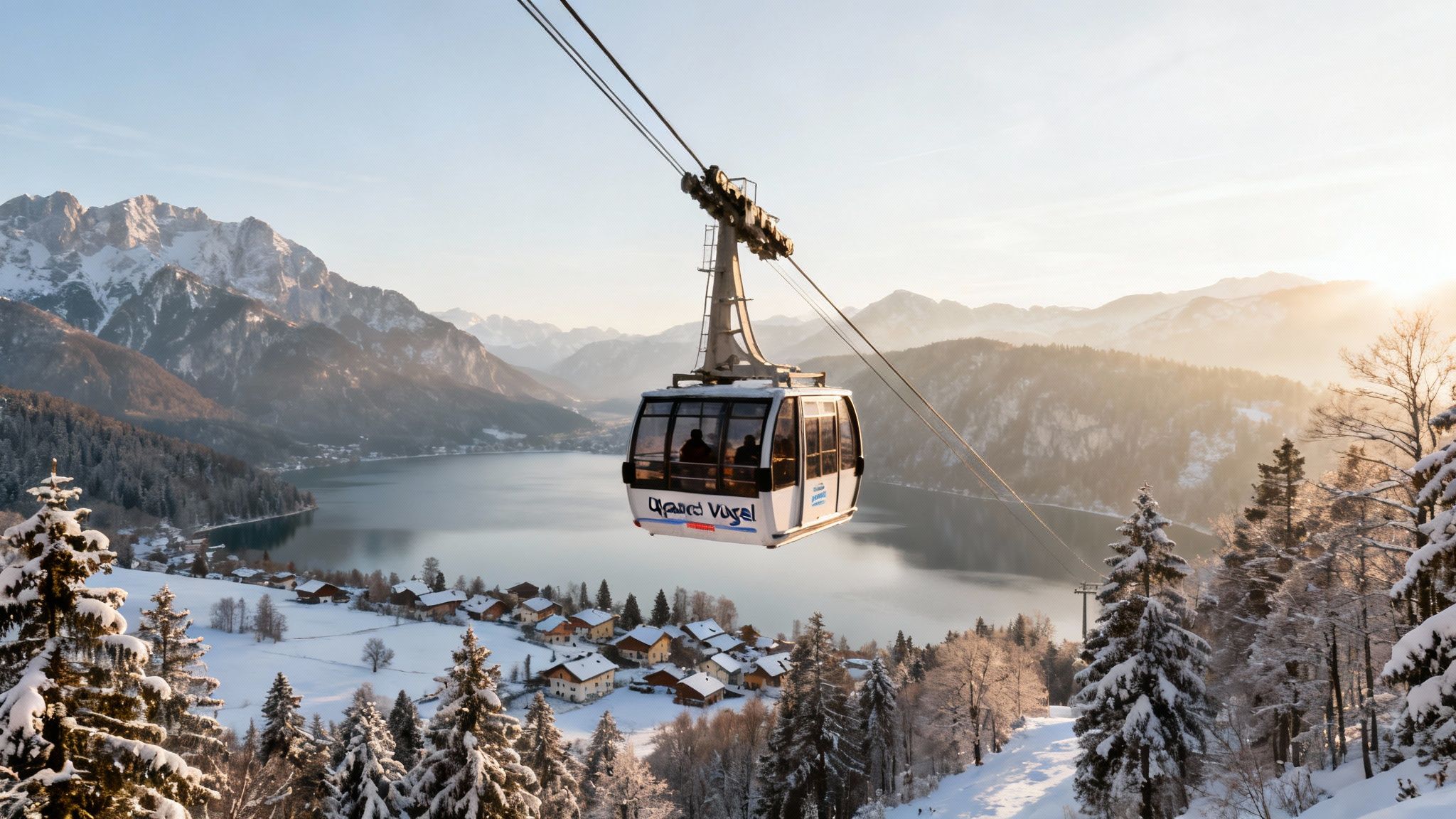 A cable car with passengers glides over a snow-covered village and lake surrounded by majestic mountains at sunset.
