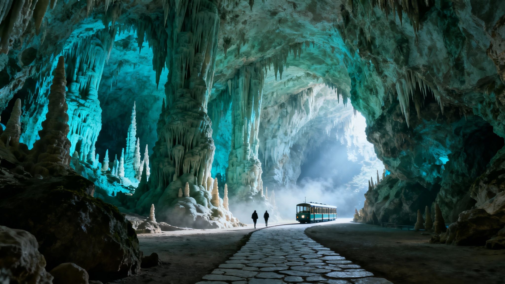 Majestic blue-lit cave interior with towering stalactites, stalagmites, a stone path, people, and a train.