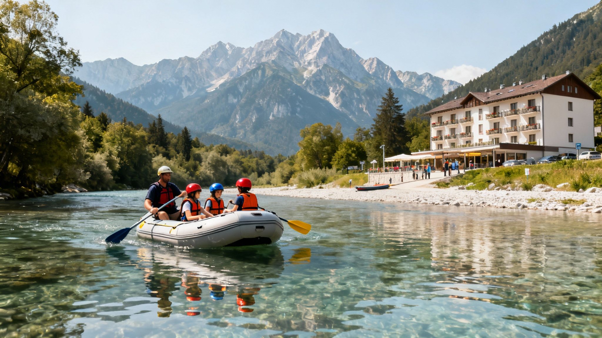 Family rafting on a clear river with mountains and a hotel in the background.