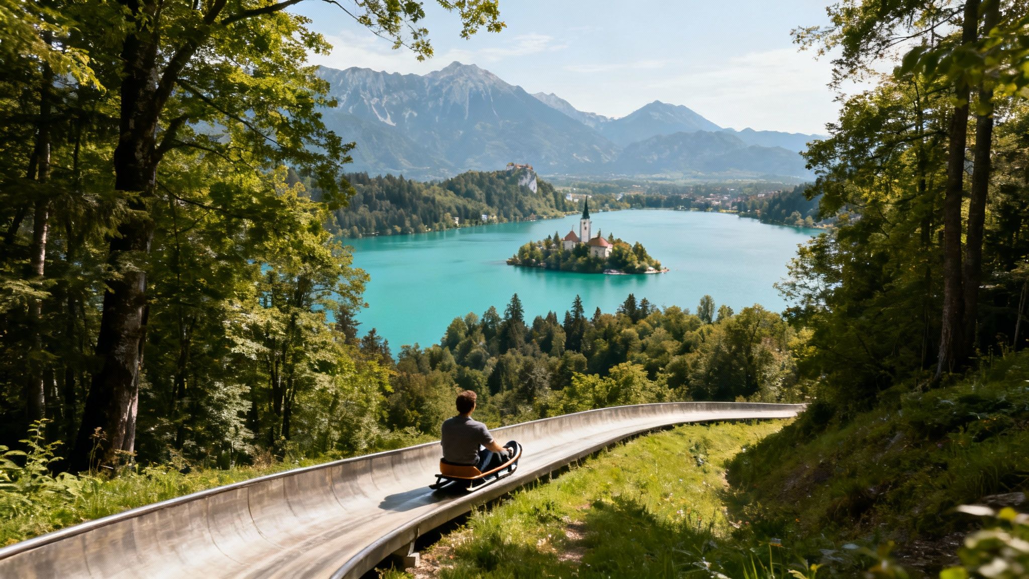 A person on a summer toboggan run overlooking the stunning turquoise Lake Bled with its island church and castle.