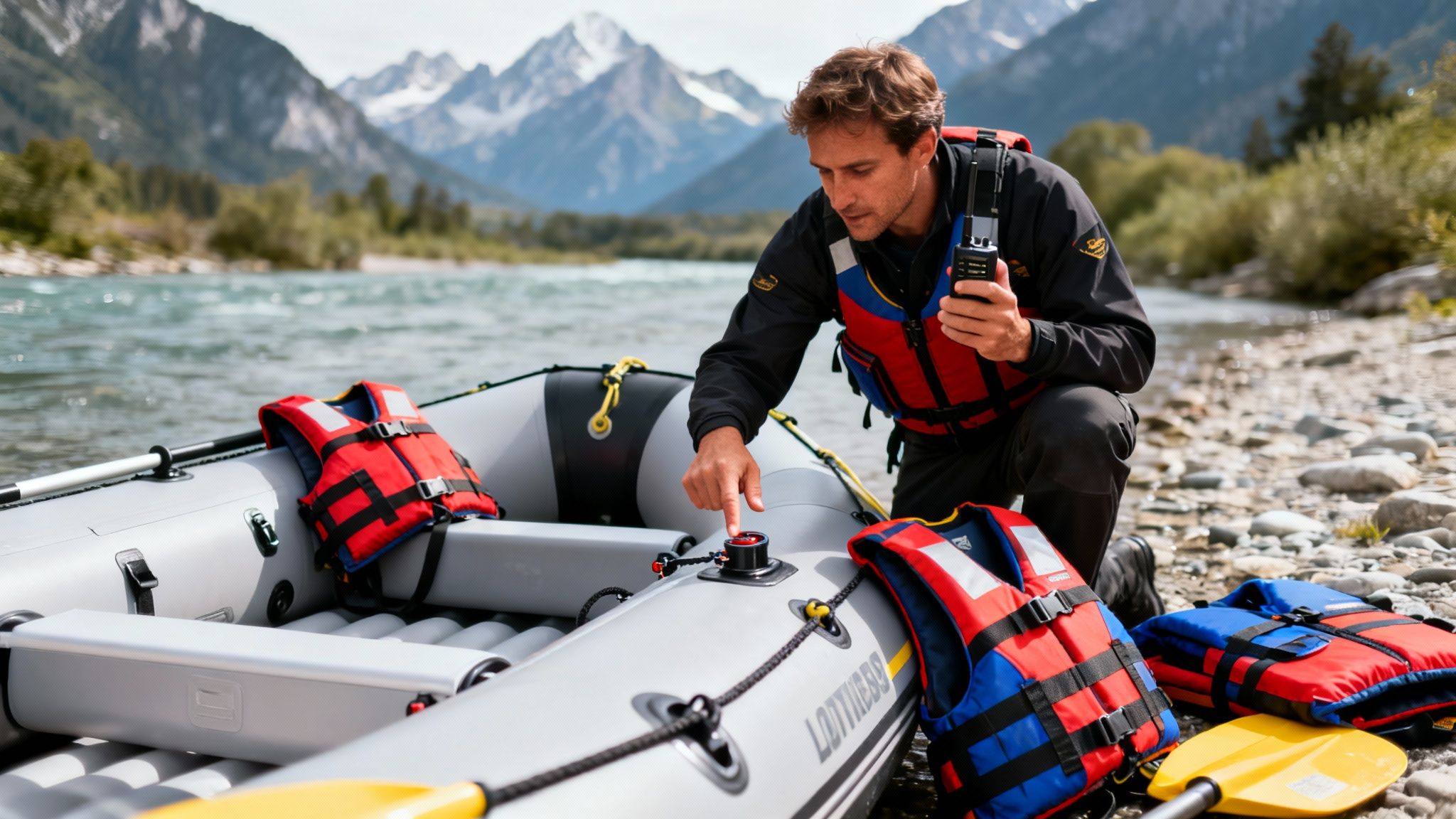 A man in a life vest adjusts an inflatable raft on a river bank with mountains.