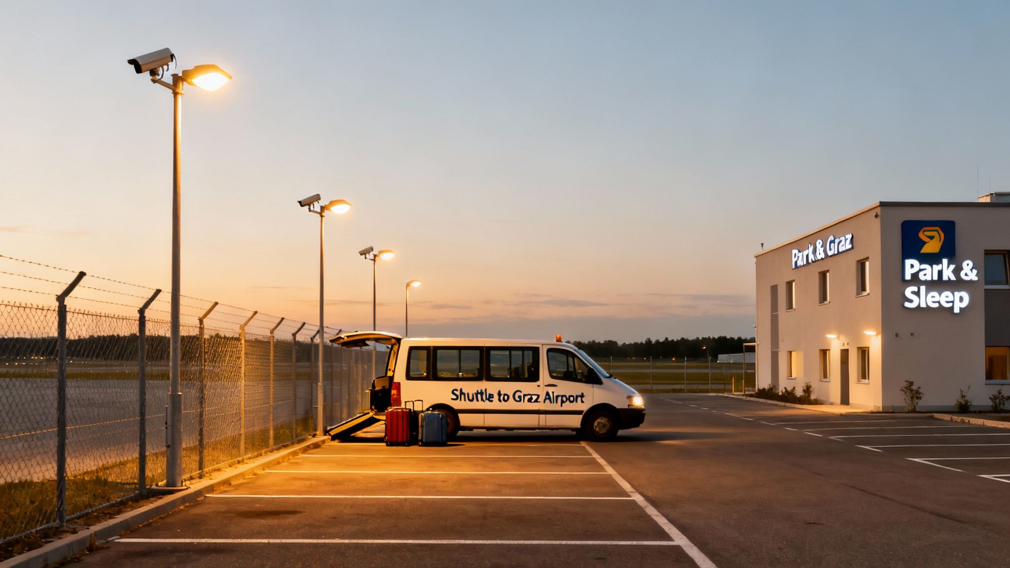 A white shuttle van for Graz Airport parked at a Park & Sleep facility at dusk, with suitcases ready for loading.