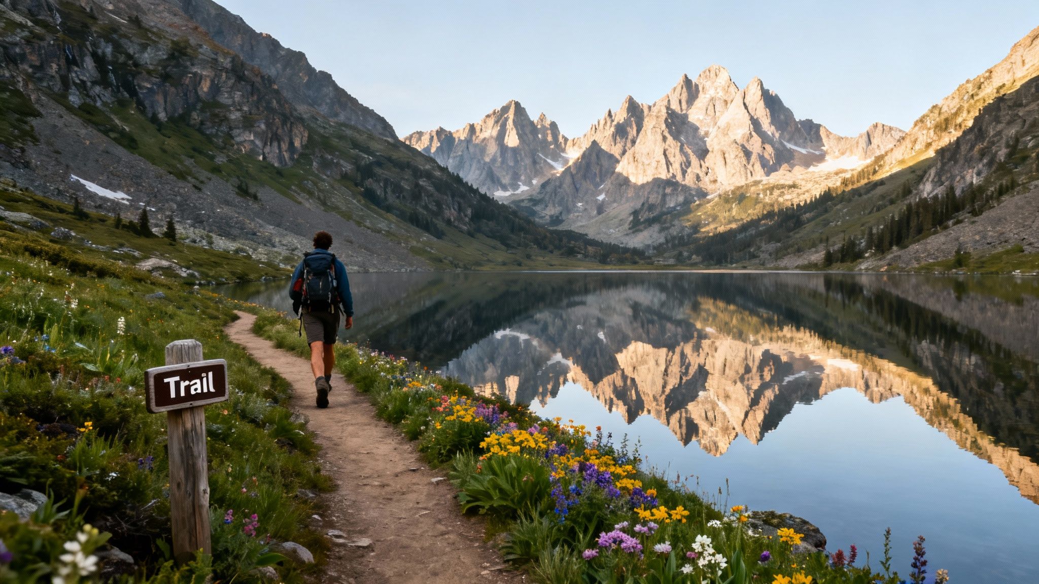 A hiker walks on a trail next to a serene lake reflecting majestic mountains, surrounded by wildflowers.