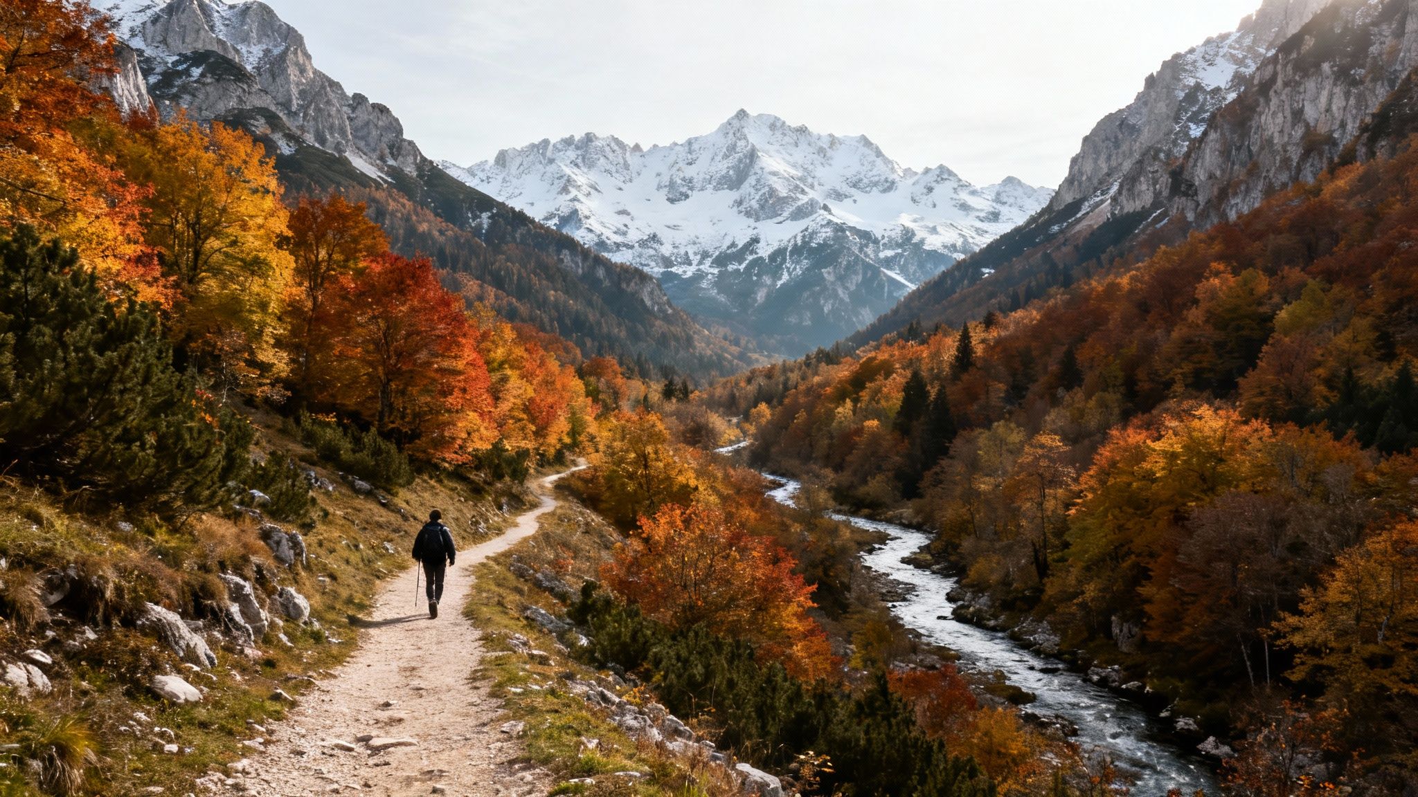 A hiker walks on a winding path through a vibrant autumn valley with mountains.