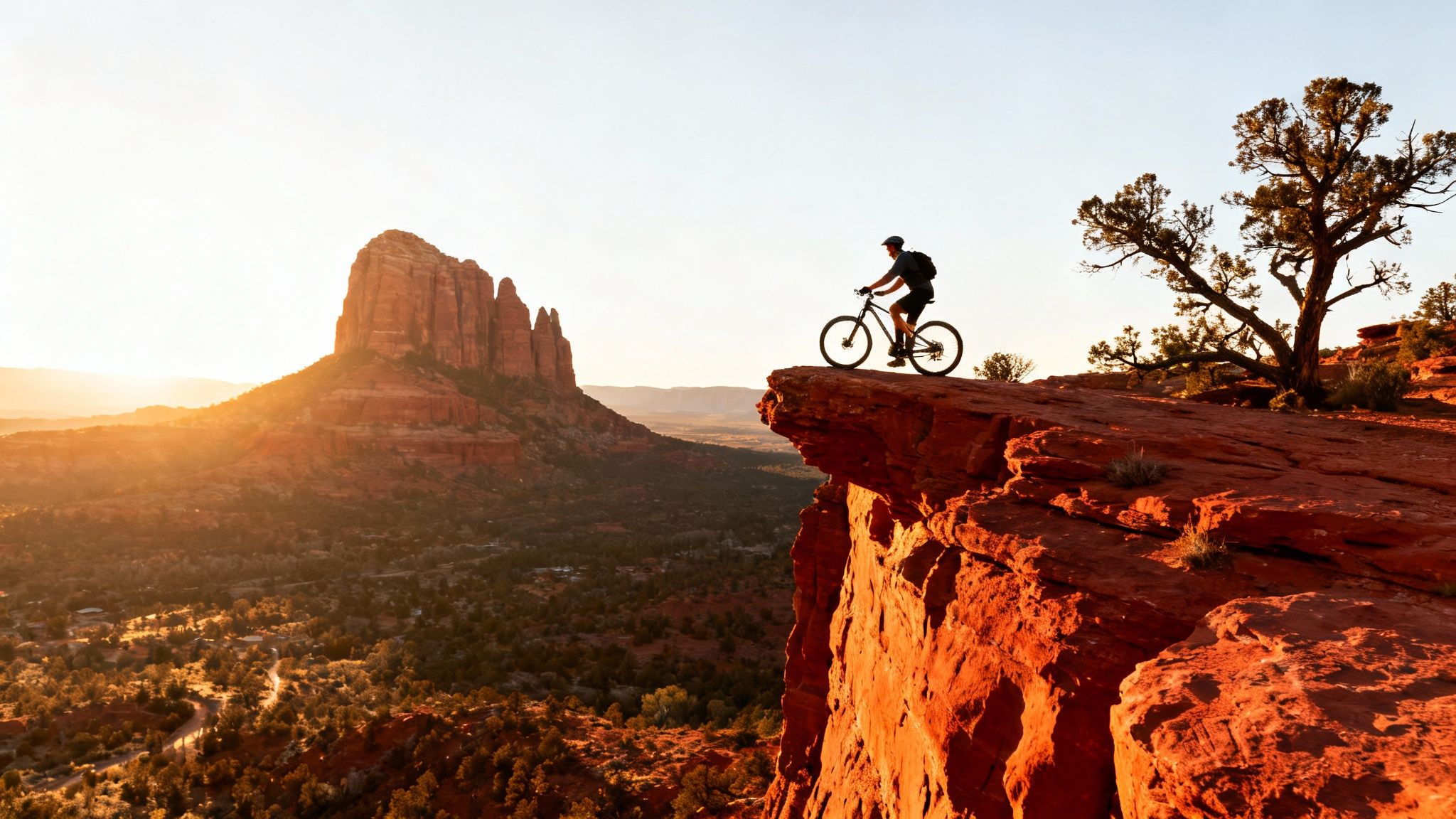 A mountain biker stands on a red rock cliff overlooking a stunning canyon landscape at sunset.