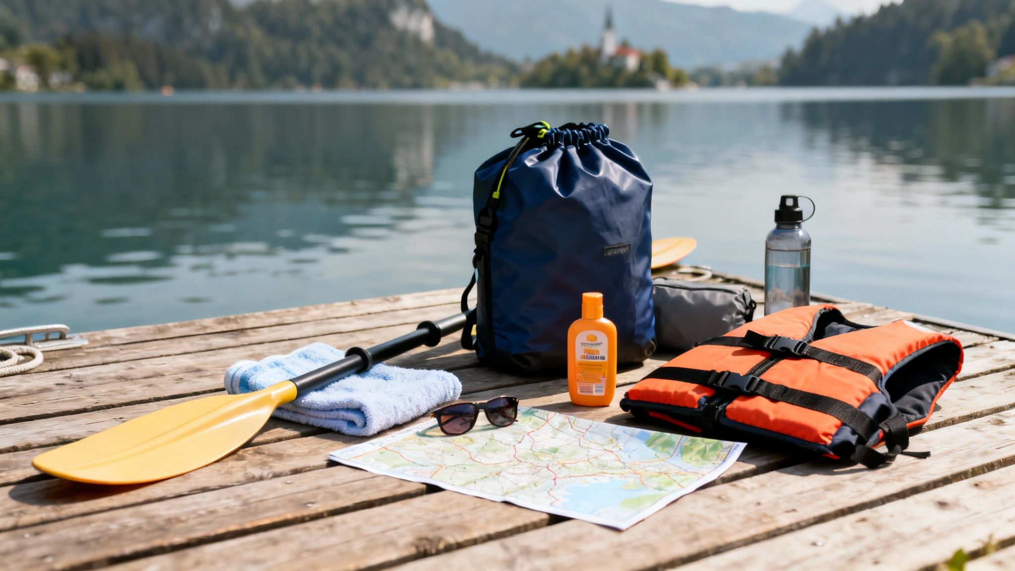 Kayaking gear including a paddle, life vest, dry bag, and map on a wooden dock by a lake.