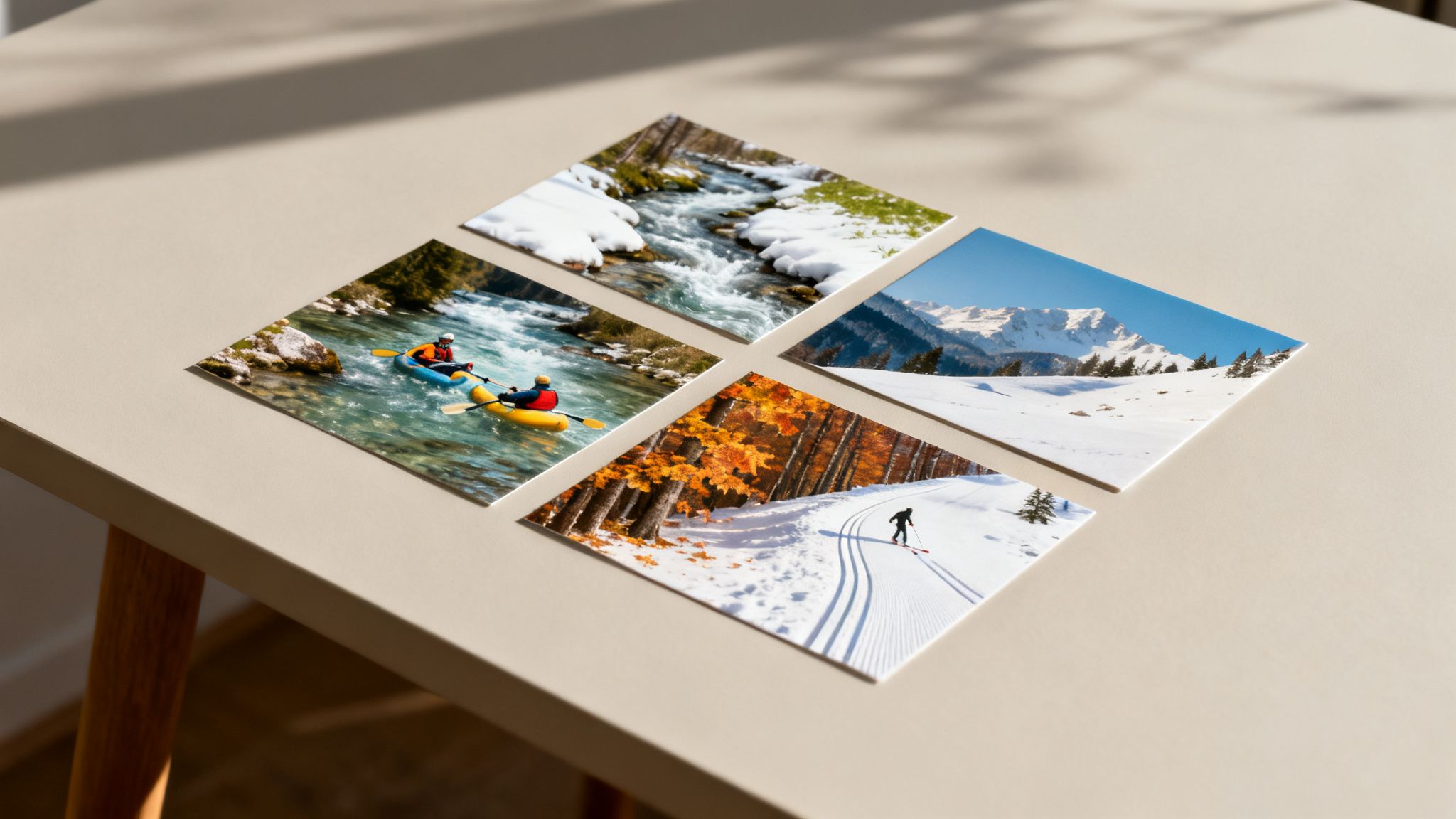 Four square photographs displaying diverse outdoor scenes: a snowy river, kayaking, snowy mountains, and cross-country skiing.