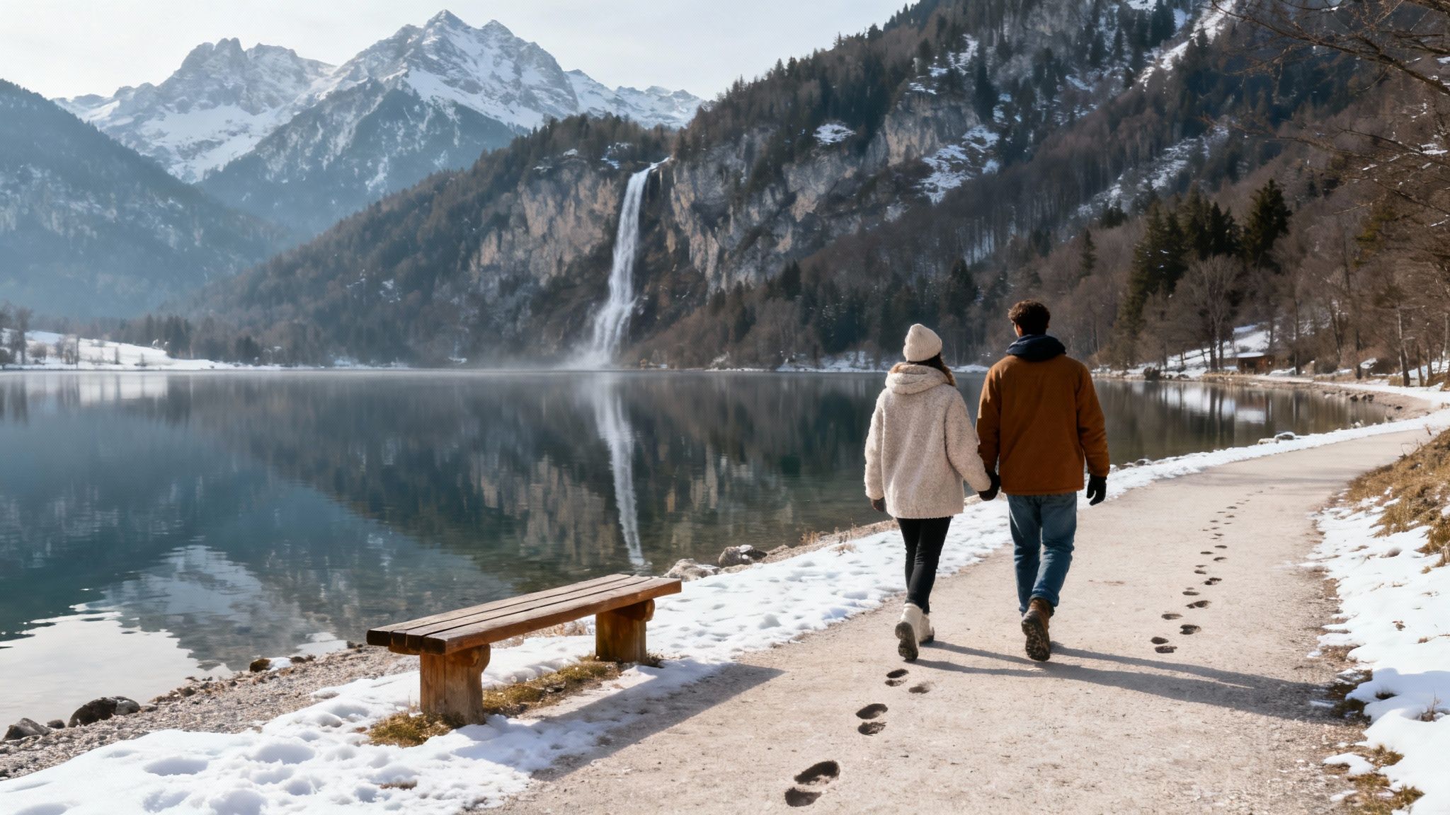 A couple walks hand-in-hand along a snowy path beside a serene lake with mountains and a waterfall.