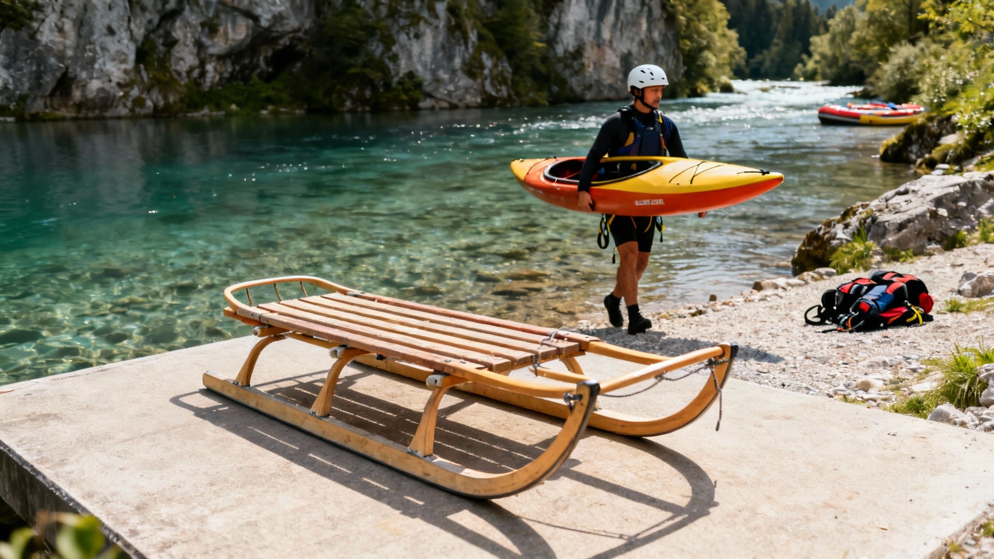 A man in a wetsuit and helmet carries a yellow kayak towards a clear river, with a wooden toboggan in the foreground.