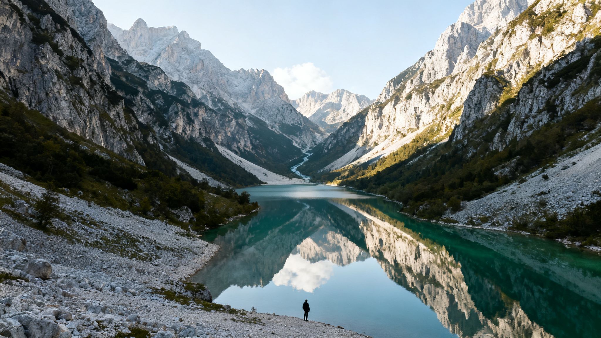 A lone figure stands on the shore of a serene turquoise lake, reflecting towering mountains.