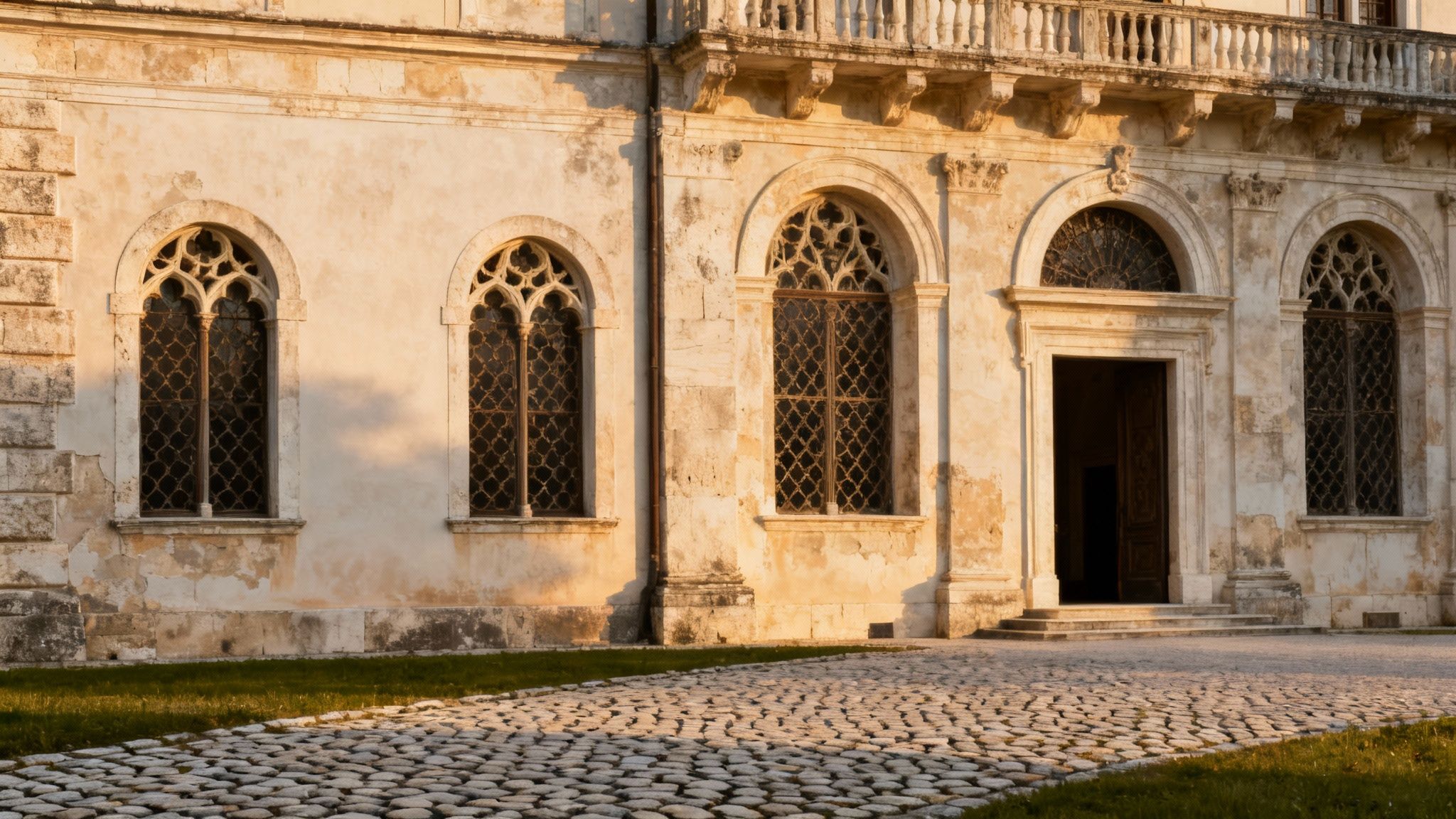 Historic stone building with ornate arched windows, a grand entrance, and cobblestone path.