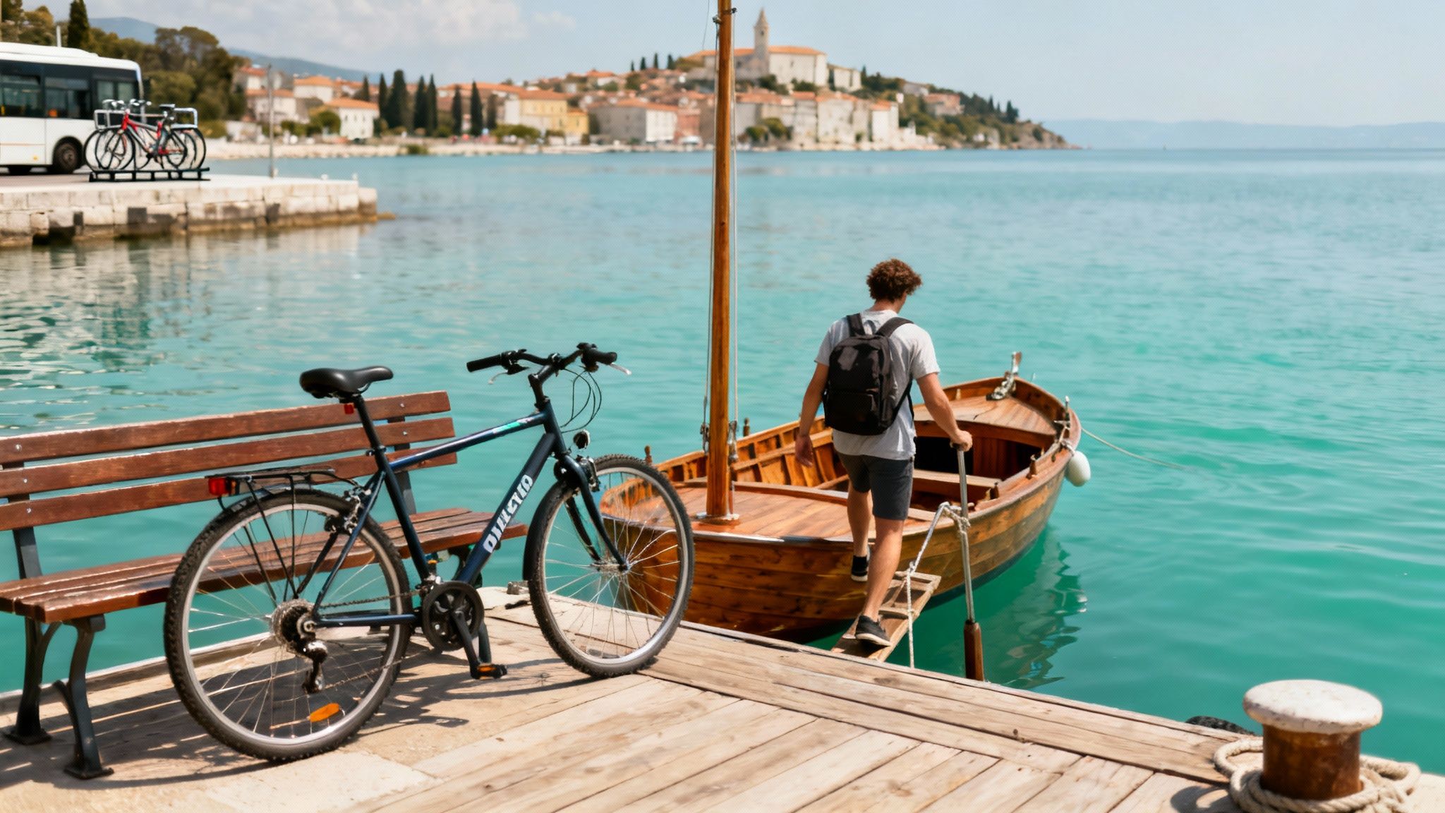 A man with a backpack steps into a boat from a wooden pier, with a bicycle and coastal town in the background.